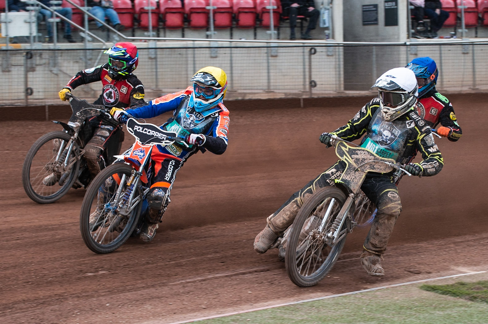 Photo by Ian Charles

Josh Grajczonek  (White) and Brady Kurtz  (Yellow) lead Ricky Wells  (Red) and Dimitri Bergé  (Blue)


Belle Vue Aces v Poole Pirates, British Speedway Premiership, Belle Vue National Speedway Stadium, Manchester, Monday 6  May  2019