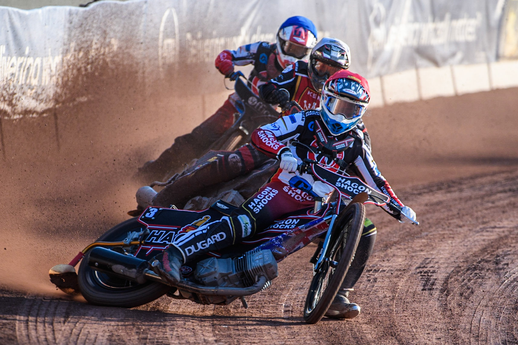 Sam Hagon (Red) leads Ben Morley (White) and Freddy Hodder (Blue) during the National Development League match between Belle Vue Colts and Kent Royals at the National Speedway Stadium, Manchester on Friday 7th July 2023. (Photo: Ian Charles | MI News)