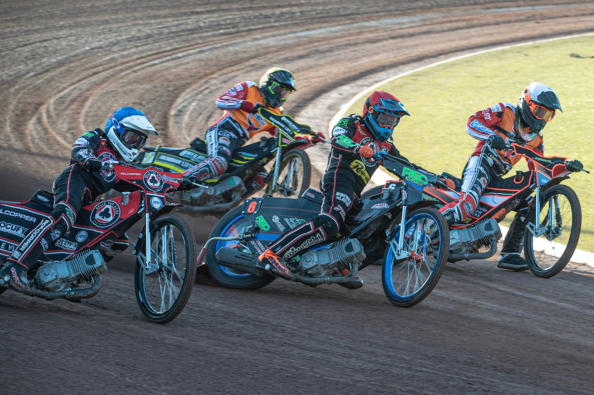Photo: Ian Charles

(l-r) Jaimon Lidsey  (Blue), James Shanes  (Yellow) Dimitri Bergé  (Red) and Zach Wajtknecht  (White)

Belle Vue Aces v Swindon Robins, British Speedway Premiership, Belle Vue National Speedway Stadium, Manchester, Monday 20  May  2019