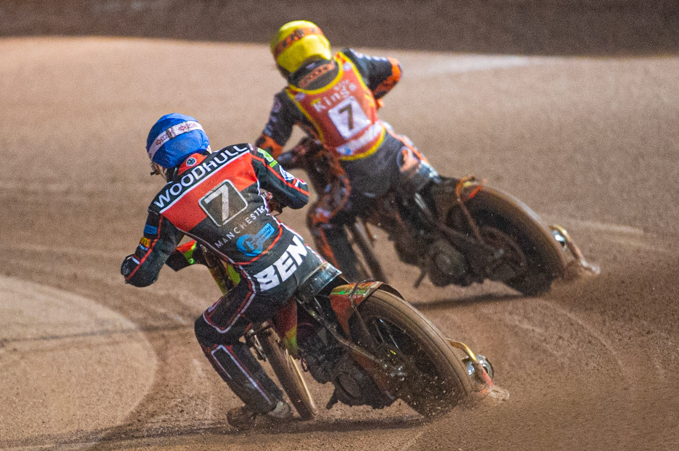 Photo: Ian Charles

Ben Woodhull   (Blue) chases Alex Spooner  (Yellow)

Belle Vue Colts v Kent Kings, SGB National League Play Offs, Semi Final 1st Leg, Belle Vue National Speedway Stadium, Manchester, Friday 4  October  2019