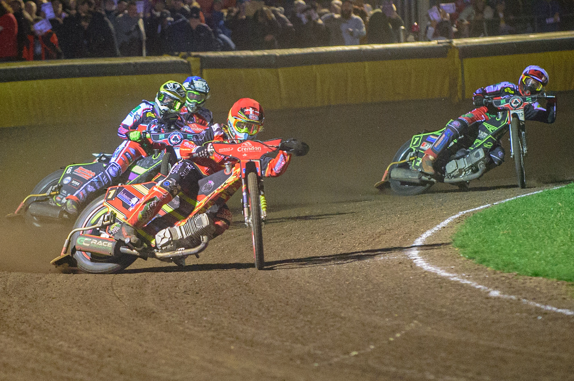 PETERBOROUGH, UK. OCT 14TH \Michael Palm Toft  (Red) leads Tom Brennan  (Yellow) Chris Harris  (Blue) and Jye Etheridge  (Yellow) during the SGB Premiership Grand Final 2nd leg between Peterborough and Belle Vue Aces at East of England Showground, Peterborough on Thursday 14th October 2021. (Credit: Ian Charles | MI News)