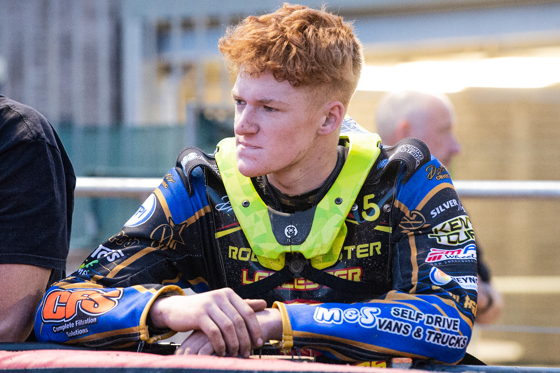 Photo: Ian Charles

Anders Rowe  watches the track prep

Belle Vue Colts v Leicester Cubs, SGB National League, Belle Vue National Speedway Stadium, Manchester, Thursday 8  August  2019