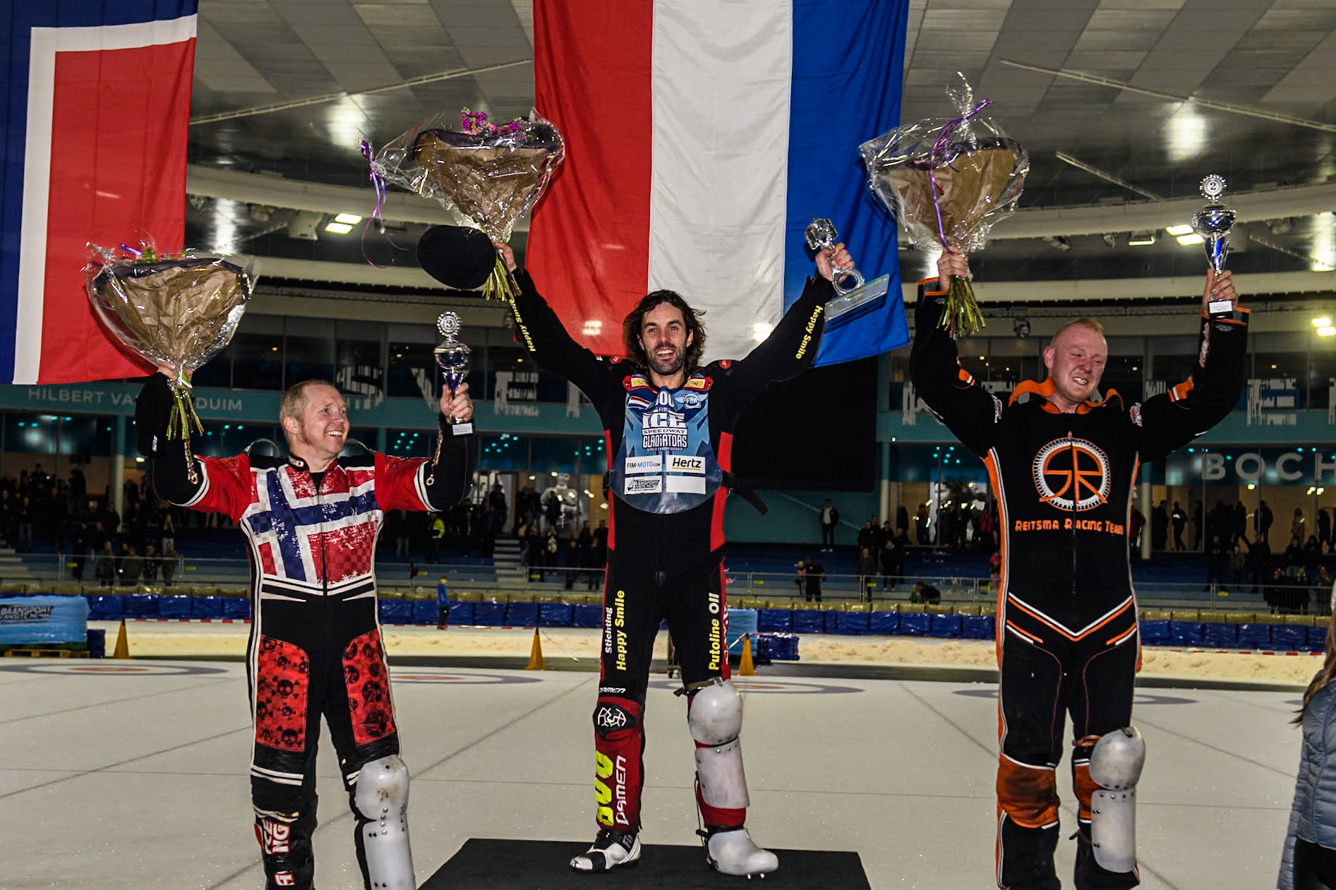 Top 3: (L to R) Jo Saetre of Norway (3rd), Jasper Iwema of The Netherlands (Winner), Sebastian Reitsma of The Netherlands (2nd) during the Roelof Thijs Bokaal at Ice Rink Thialf, Heerenveen, The Netherlands on Friday 5th April 2024. (Photo: Ian Charles | MI News)