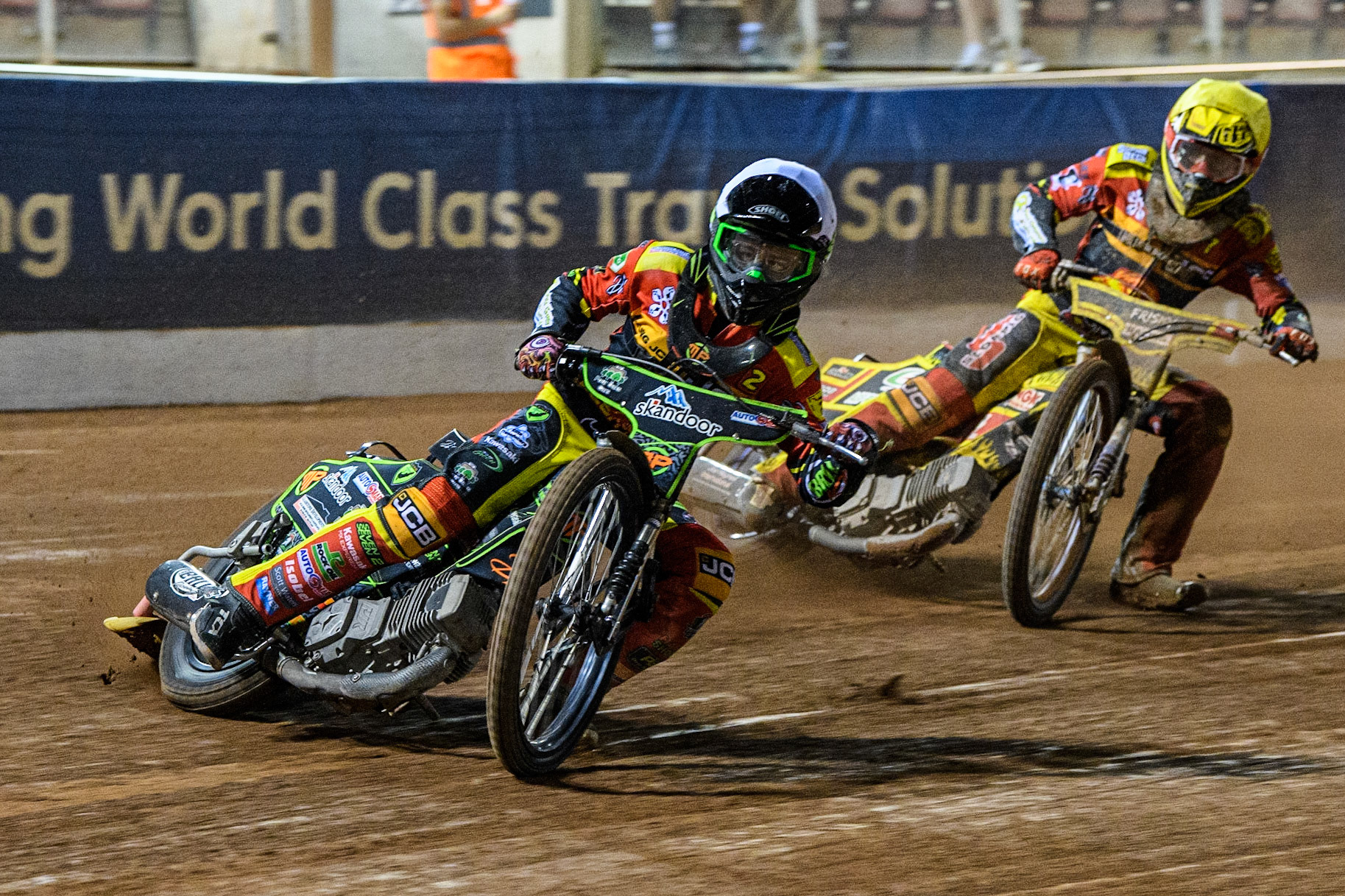 Max Perry (White) leads  team mate Max James (Yellow) during the National Development League match between Belle Vue Colts and Leicester Lion Cubs at the National Speedway Stadium, Manchester on Friday 8th September 2023. (Photo: Ian Charles | MI News)