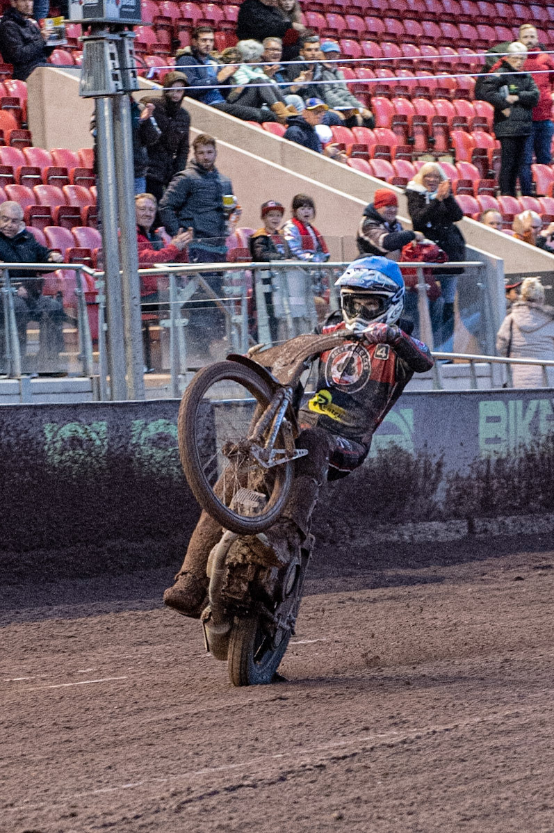 Photo by Ian Charles:

Steve Worrall  pulls a wheelie 

Belle Vue Aces v Peterborough Panthers, British Speedway Premiership, National Speedway Stadium, Manchester, Thursday, 13, June, 2019