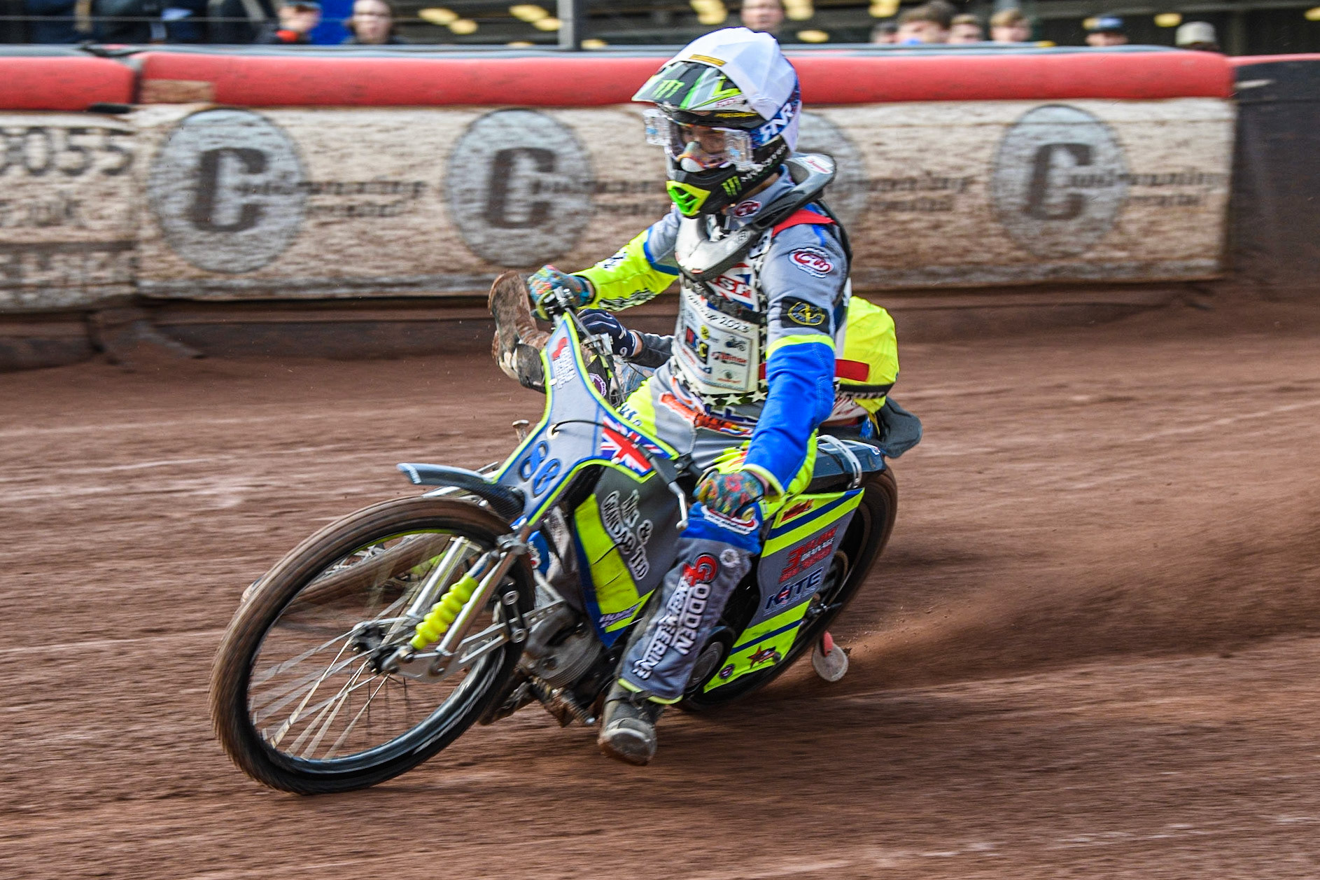Sonny Springer (White) collides with Billy Budd (Yellow) and causes Budd to fall during the British Youth Speedway Championships at the National Speedway Stadium, Manchester on Friday 21st July 2023. (Photo: Ian Charles | MI News)