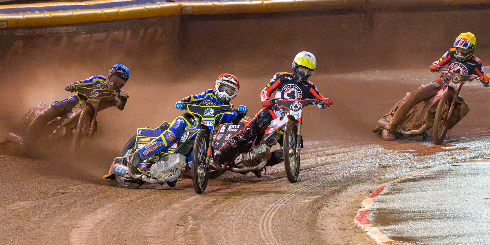 Jye Etheridge of Sheffield Tigers in Red leading Tate Zischke of Belle Vue Aces in White, Luke Killeen of Sheffield Tigers in Blue and Will Cairns of Belle Vue Aces in Yellow during the Rowe Motor Oil Premiership Grand Final 1st Leg match between Sheffield Tigers and Belle Vue Aces at Owlerton Stadium, Sheffield on Monday 12th October 2026. (Photo: Ian Charles | MI News)