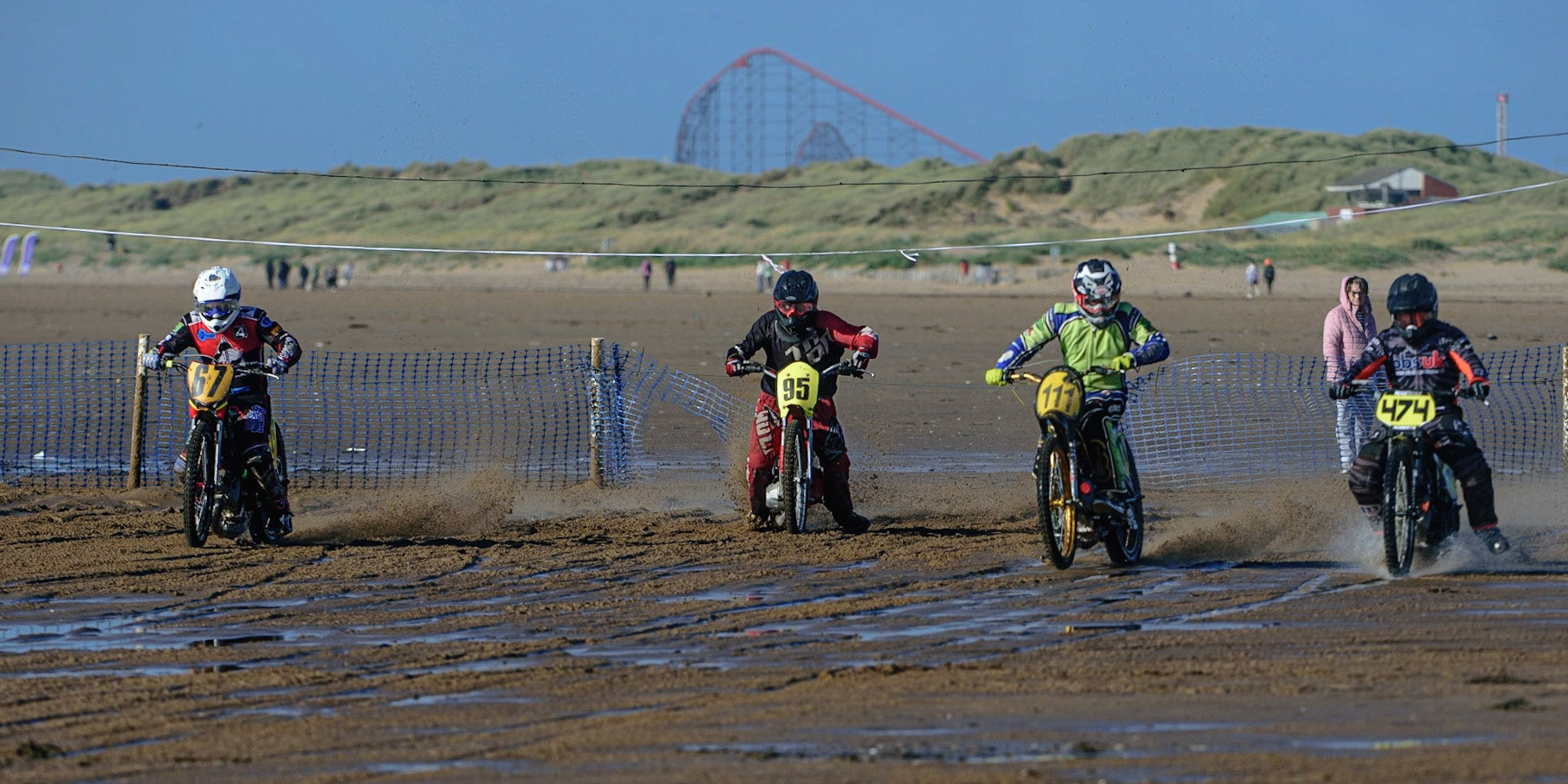(l - r) Paul Bowen (67), Jordan Noel (95), Richie Worrall (111) and Jack Roberts (474) leave the start during the Fylde ACU British Sand Racing Masters Championship on  Sunday 2nd October 2022. (Credit: Ian Charles | MI News)