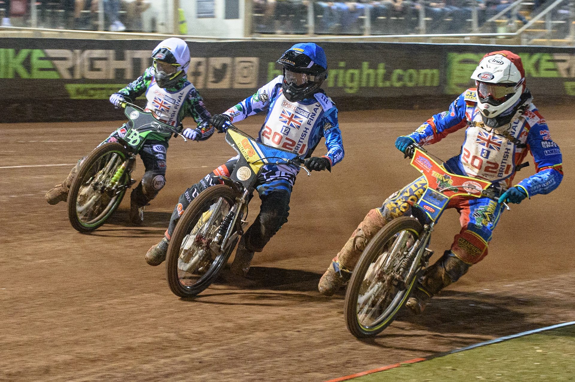 MANCHESTER, UK. AUGUST 16TH   \Simon Lambert  (Red) inside Adam Ellis  (Blue) and Charles Wright  (White) during the Sports Insure British Speedway Finals at the National Speedway Stadium, Manchester on Monday 16th August 2021. (Credit: Ian Charles | MI News)