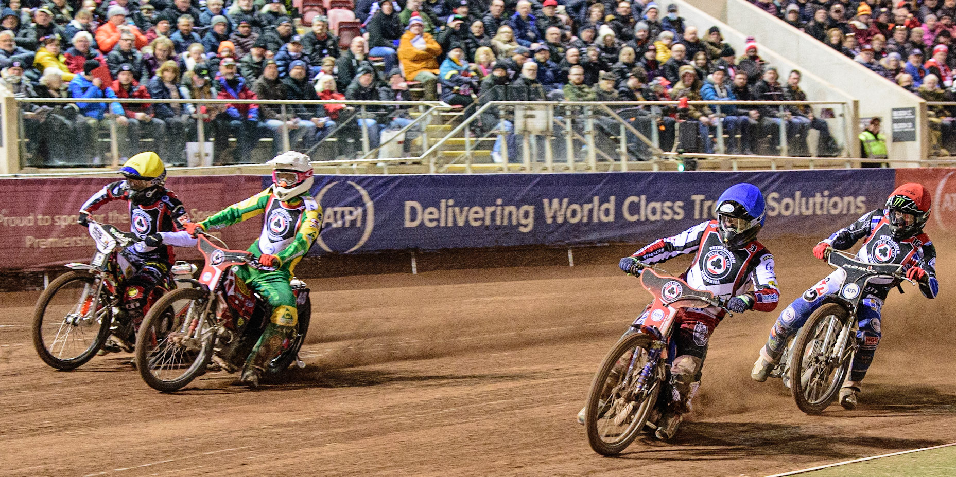 MANCHESTER, UK. MAR 21ST. Brady Kurtz (Blue) leads Dan Bewley (Red) with Max Fricke (White) and Nicolai Klindt (Yellow) outside during the ATPI Peter Craven Memorial Trophy at the National Speedway Stadium, Manchester on Monday 21st March 2022. (Credit: Ian Charles | MI News)