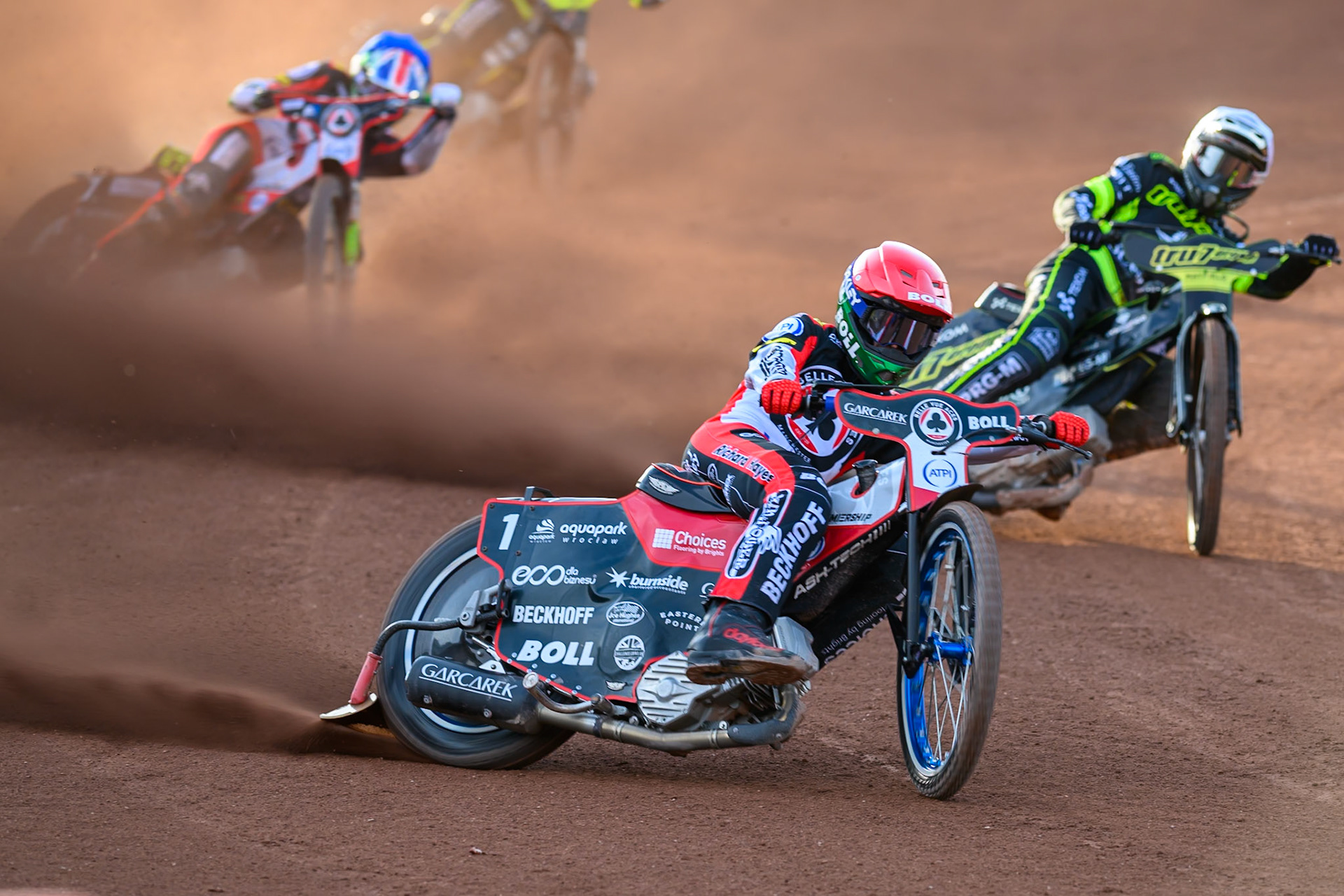 Brady Kurtz of Belle Vue Aces in Red leading Tobiasz Musielak of Ipswich Witches in White during the Rowe Motor Oil Premiership match between Belle Vue Aces and Ipswich Witches at the National Speedway Stadium, Manchester on Saturday 20th June 2026. (Photo: Ian Charles | MI News)