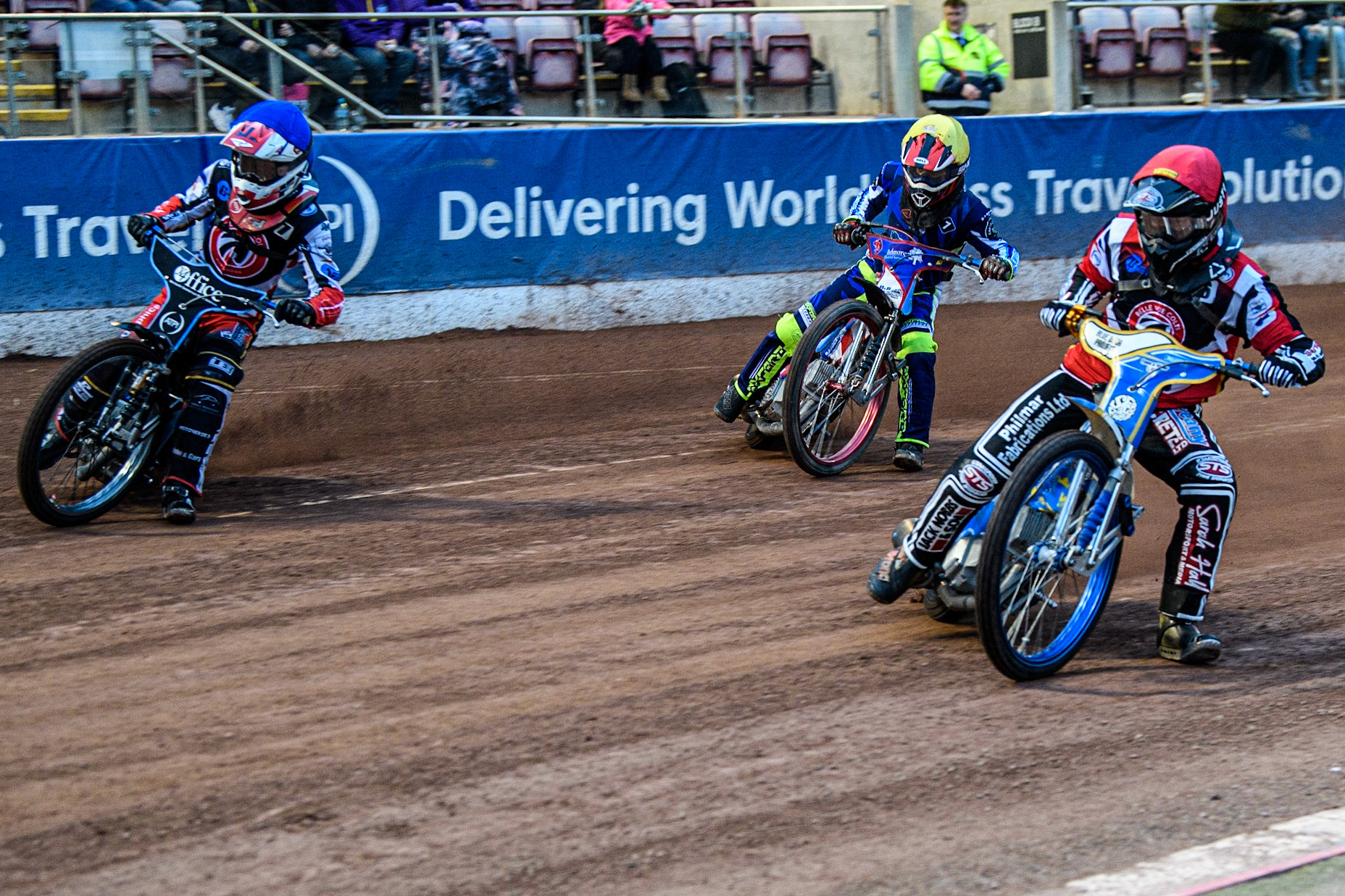 Jack Shimelt (Red) inside Freddy Hodder  (Blue) with Jacob Fellows  behind during the National Development League match between Belle Vue Colts and Oxford Chargers at the National Speedway Stadium, Manchester on Friday 12th May 2023. (Photo: Ian Charles | MI News)