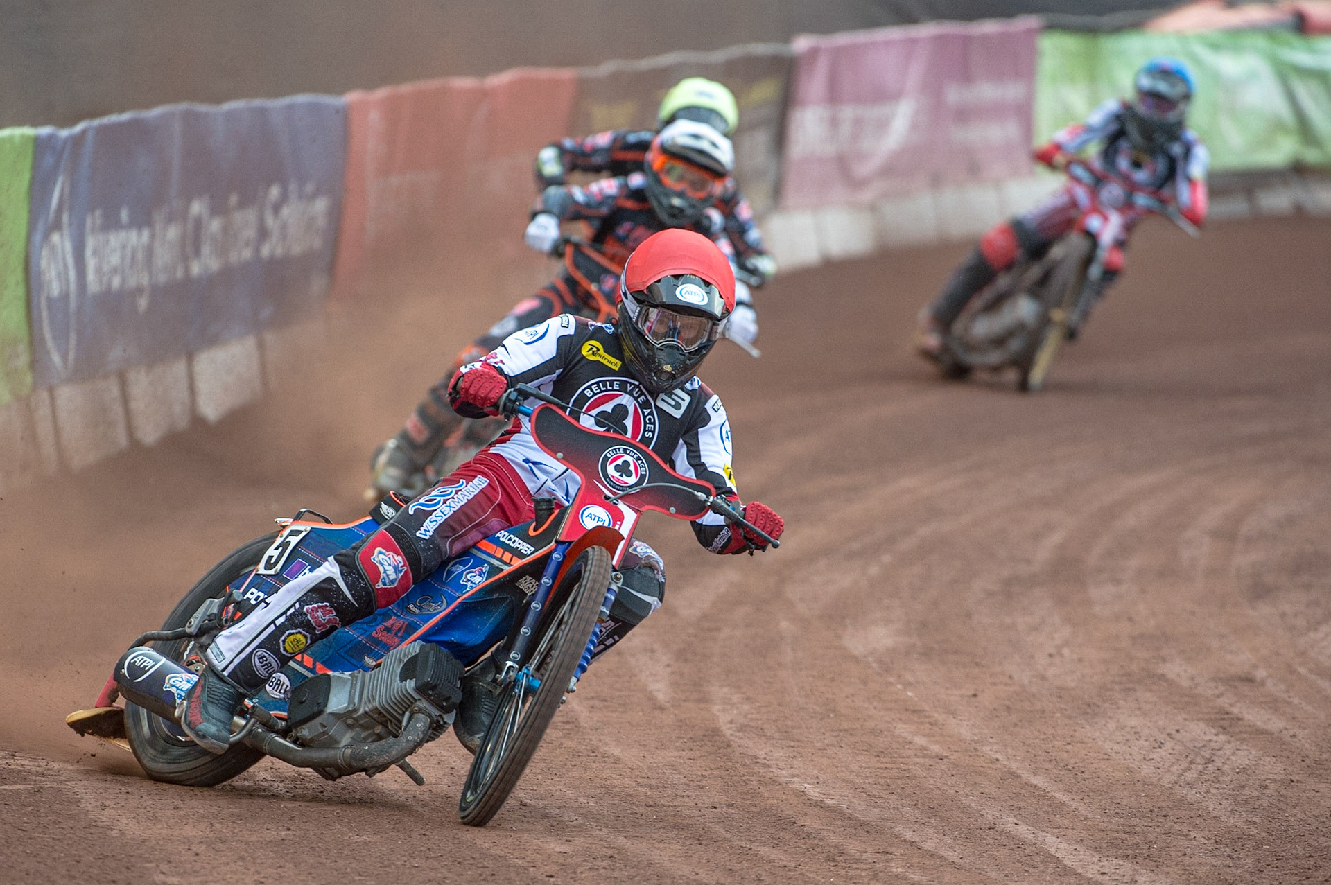 MANCHESTER, UK. JUN 13TH Brady Kurtz  (Red) leads Luke Becker  (White), Ryan Douglas  (Yellow) and Norick Blödorn  (Blue) during the SGB Premiership match between Belle Vue Aces and Wolverhampton  Wolves at the National Speedway Stadium, Manchester on Monday 13th June 2022. (Credit: Ian Charles | MI News)