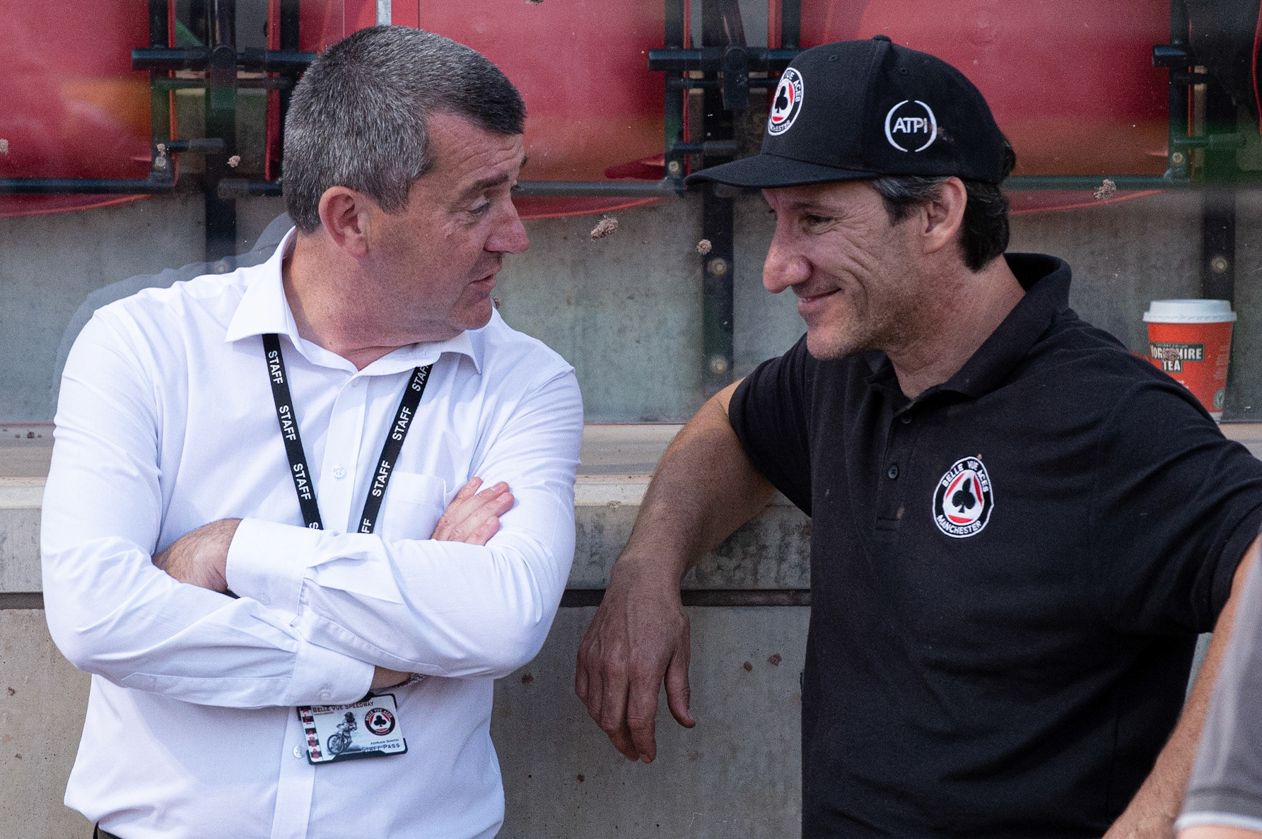 Photo: Ian Charles

Belle Vue CEO Adrian Smith (left) chats with Mark Lemon 

Belle Vue Colts v Isle Of Wight Warriors, SGB National League KO Cup Quarter Final 1st Leg, Belle Vue National Speedway Stadium, Manchester, Monday 22  July  2019