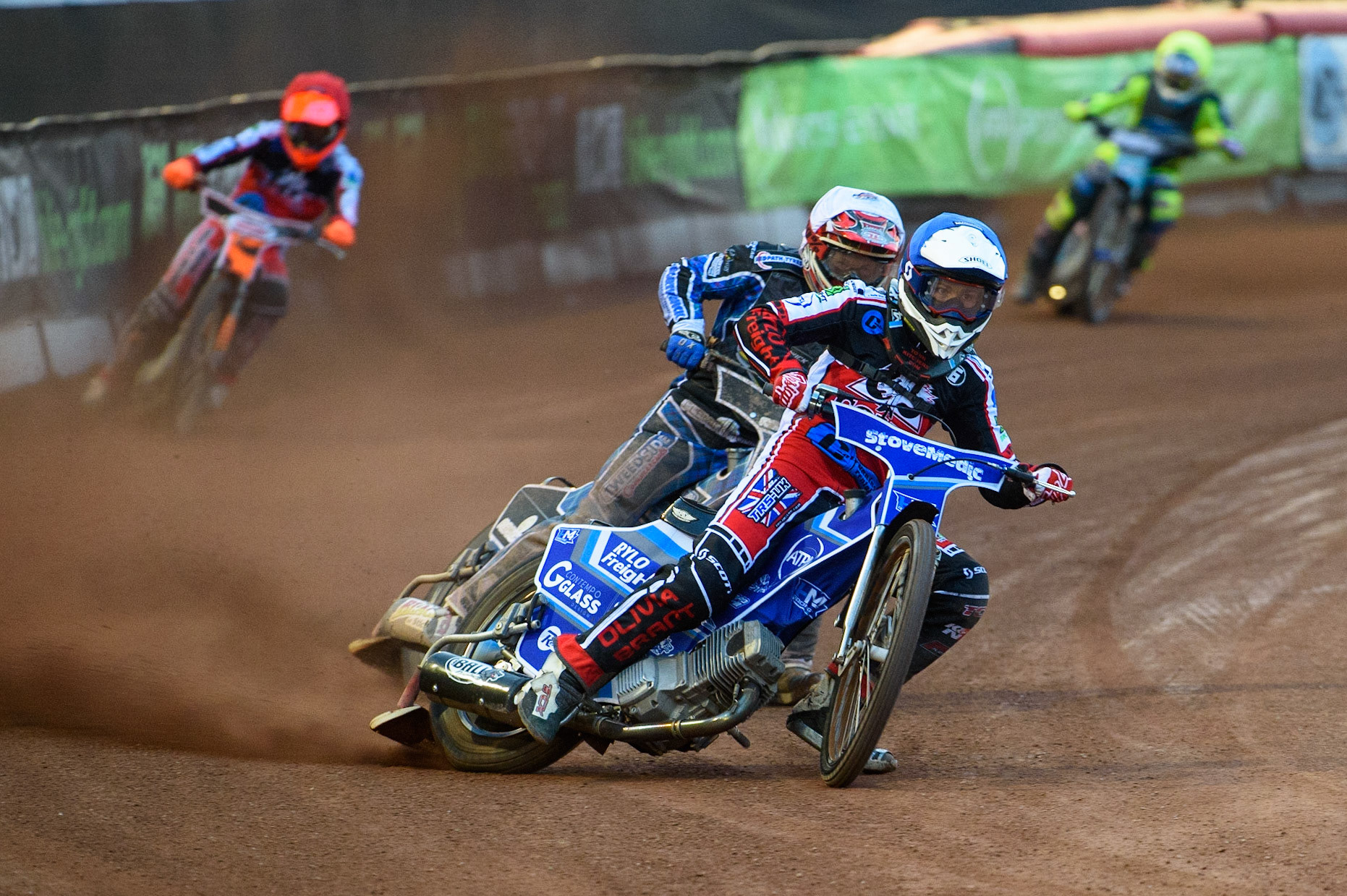 MANCHESTER, UK. MAY 28TH  Harry McGurk   (Blue) leads Greg Blair (White)  behind during the SGB National Development League match between Belle Vue Colts and Berwick Bullets at the National Speedway Stadium, Manchester on Friday 28th May 2021. (Credit: Ian Charles | MI News)