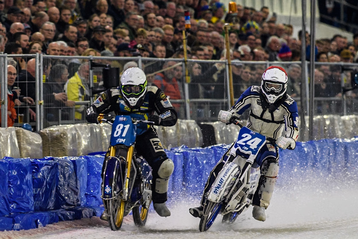 Finland's Max Koivula (24) in Red rides inside Sweden"s Jimmy Olsén (81) in White during the FIM Ice Speedway Gladiators World Championship Final 3 at Ice Rink Thialf, Heerenveen on Saturday 6th April 2024. (Photo: Ian Charles | MI News)
