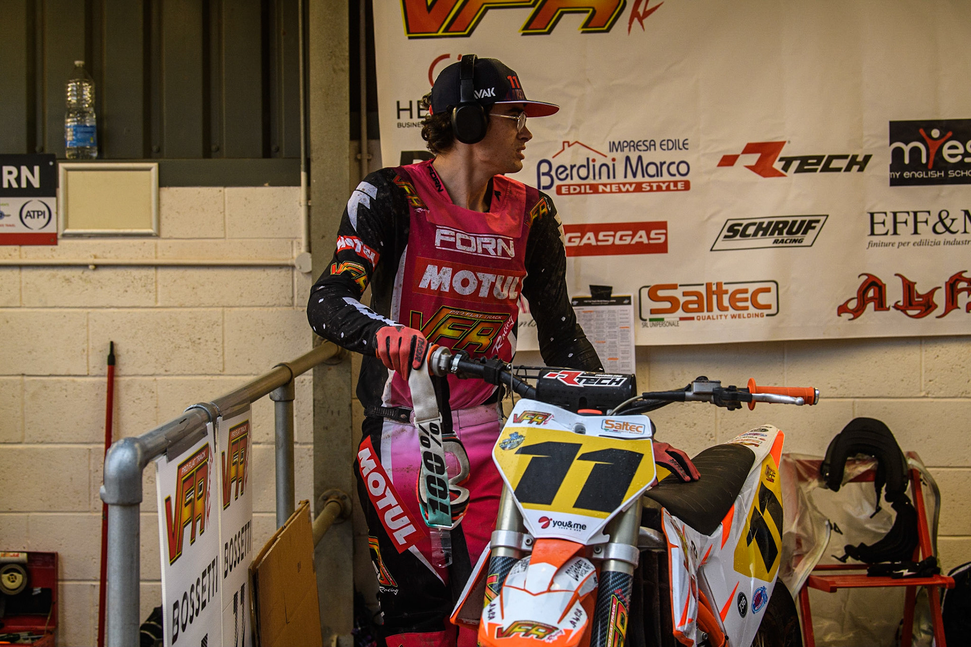Giacomo Bossetti (11) from Italy warms up his machine during the FIM World Flat Track Championship Round 1 at the National Speedway Stadium, Manchester on Saturday 5th August 2023. (Photo: Ian Charles | MI News)