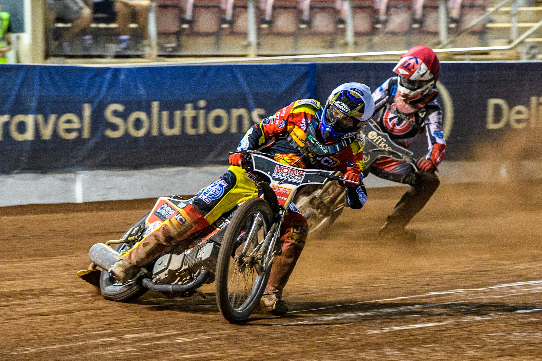 Tom Spencer (White) leads  Freddy Hodder (Red) during the National Development League match between Belle Vue Colts and Leicester Lion Cubs at the National Speedway Stadium, Manchester on Friday 8th September 2023. (Photo: Ian Charles | MI News)