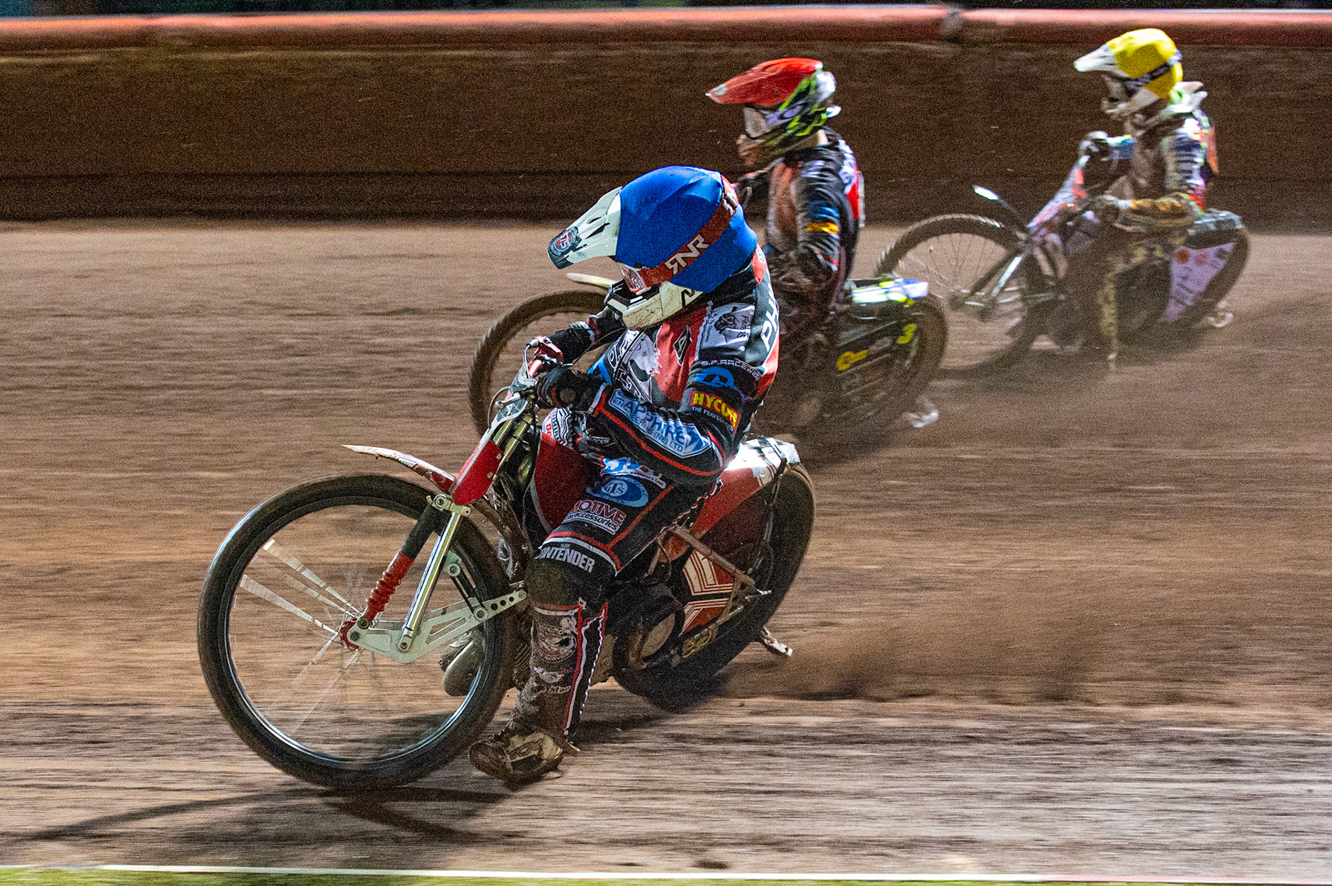 Photo: Ian Charles

Danny Phillips (Blue) inside Kyle Bickley  (Red) and Jake Mulford (Yellow)

Belle Vue Colts v Kent Kings, SGB National League Play Offs, Semi Final 1st Leg, Belle Vue National Speedway Stadium, Manchester, Friday 4  October  2019