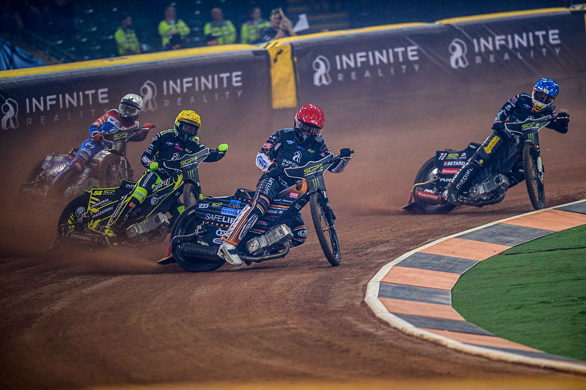 Kim Nilsson (233) (Red) leads  Maciej Janowski (71) (Blue), Martin Vaculik (54) (Yellow) and Dan Bewley (99) (White) during the FIM Speedway Grand Prix of Great Britain at the Principality Stadium, Cardiff on Saturday 2nd September 2023. (Photo: Ian Charles | MI News)
