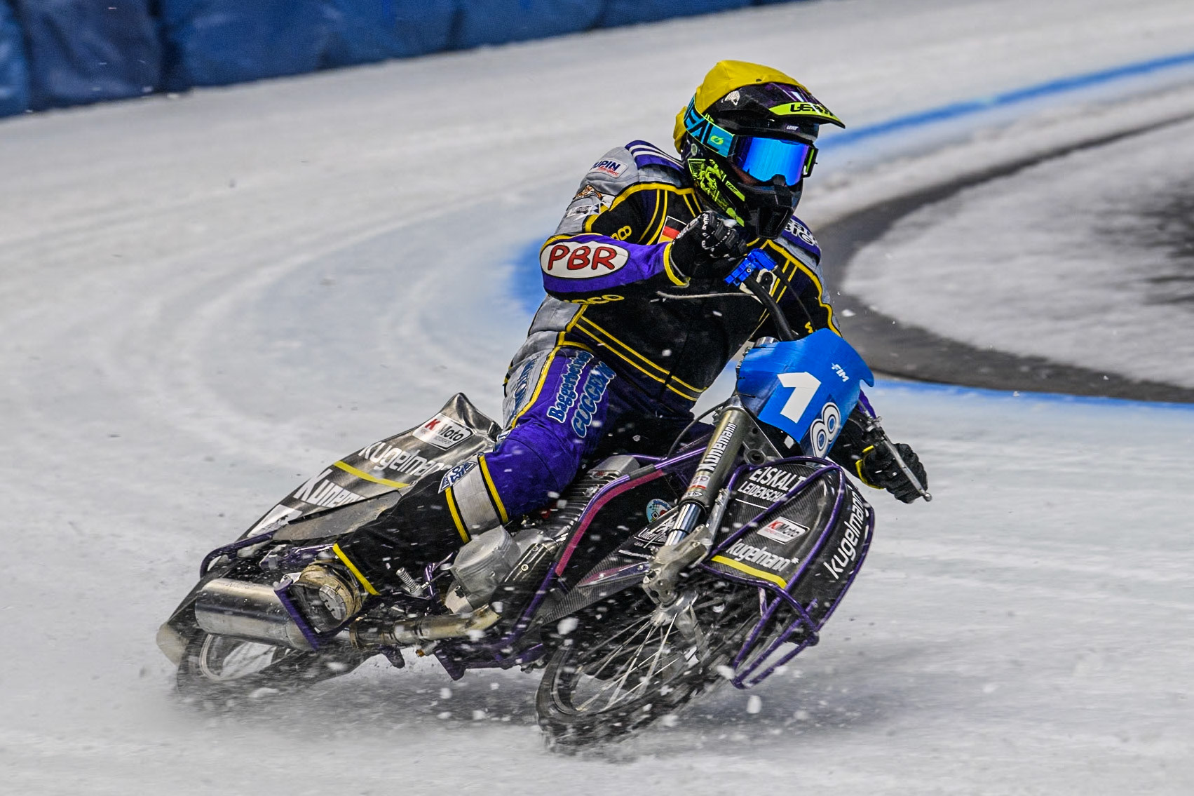 Germany's Christoph Kirchner (18) in action during the FIM Ice Speedway Gladiators World Championship Final 2 at the Max-Aicher-Arena, Inzell on Sunday 24 March 2024. (Photo: Ian Charles | MI News)