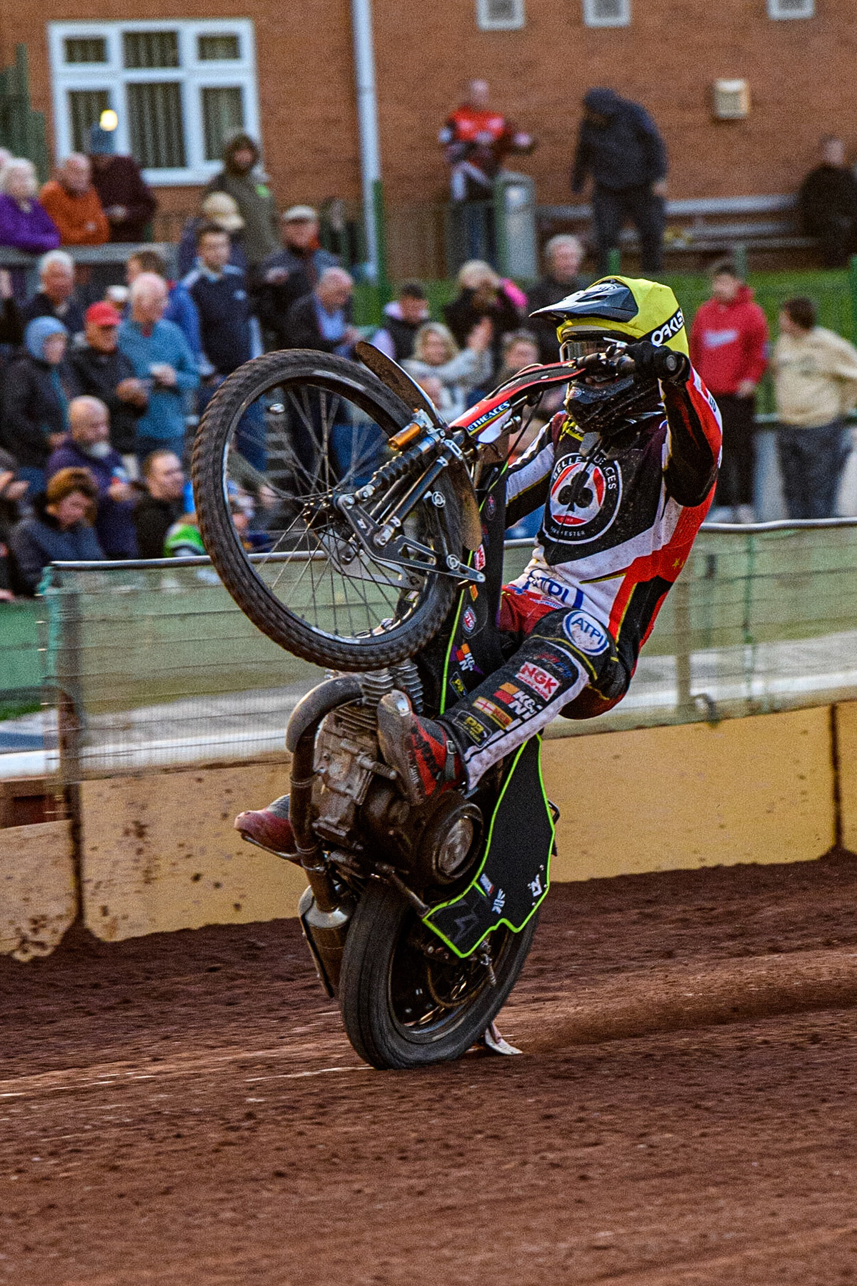Tom Brennan celebrates with a wheelie during the Sports Insure Premiership match between Wolverhampton Wolves and Belle Vue Aces at Monmore Green Stadium, Wolverhampton on Monday 29th May 2023. (Photo: Ian Charles | MI News)