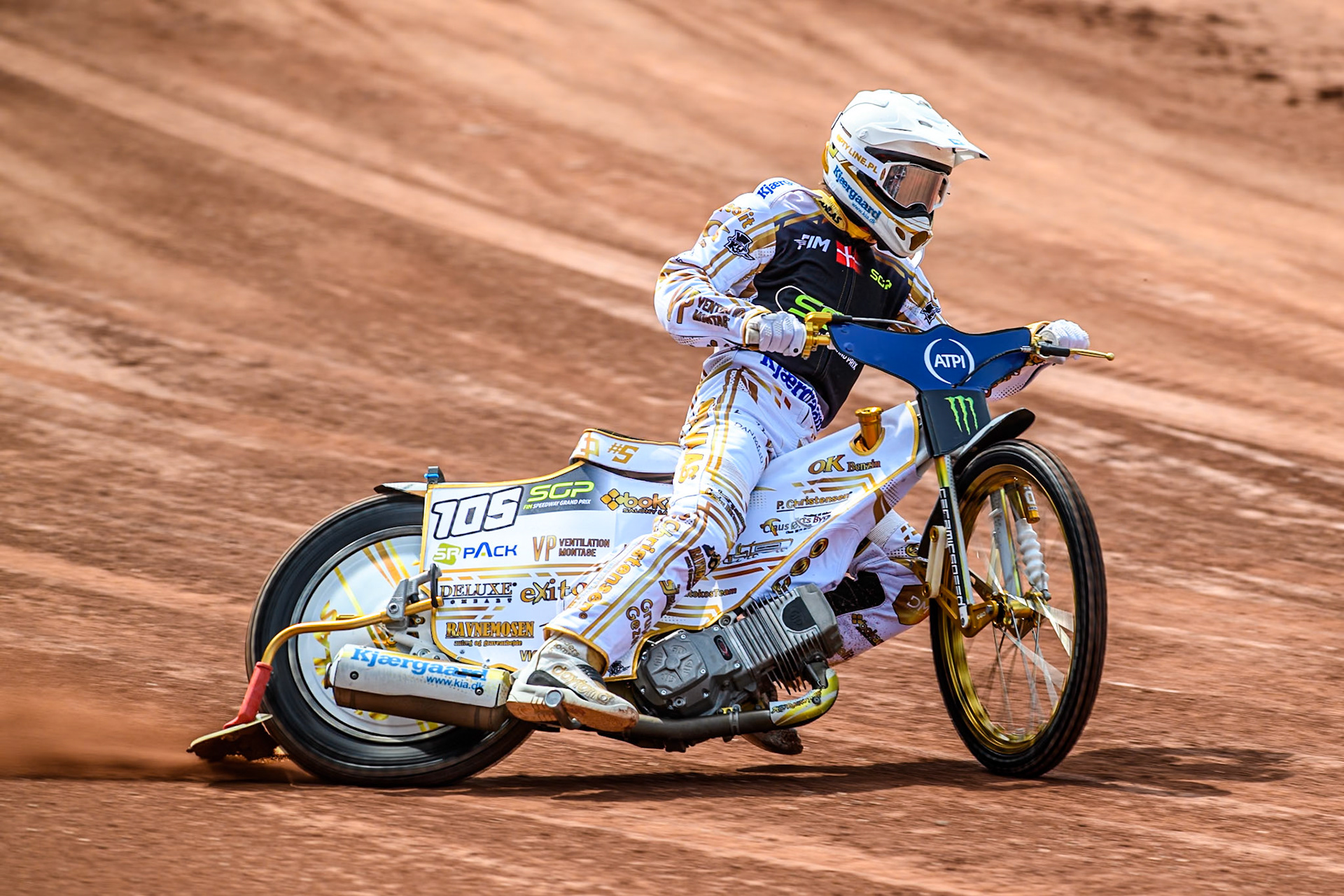 Anders Thomsen (105) of Denmark in the qualifying session during the ATPI FIM Speedway Grand Prix Round 4 at the National Speedway Stadium, Manchester, on Friday 6th June 2025. (Photo: Ian Charles | MI News)