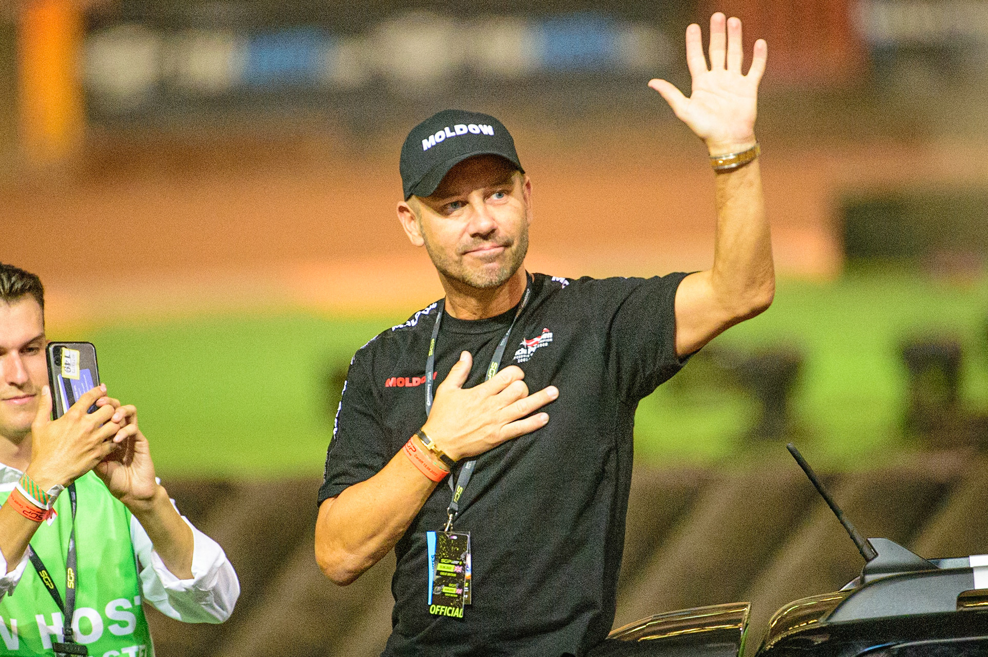 Nicki Pedersen during the parade of Cardiff Legends during the FIM  Speedway Grand Prix of Great Britain at the Principality Stadium, Cardiff on Saturday 13th August 2022. (Credit: Ian Charles | MI News