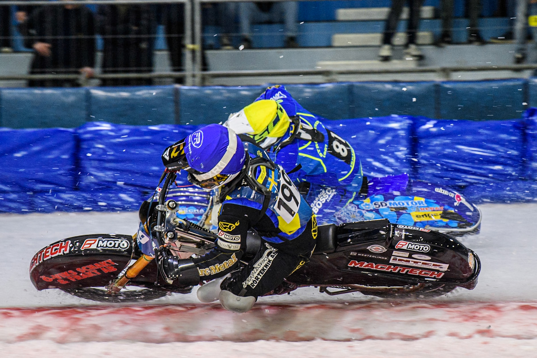 Martin Haarahiltunen (199) of Sweden in Blue on the inside  of \1\ in Yellow 8during the FIM Ice Speedway Gladiators World Championship, Final 3 at the Ice Stadium, Thialf, Heerenveen on Saturday 5th April 2025. (Photo: Ian Charles | MI News)