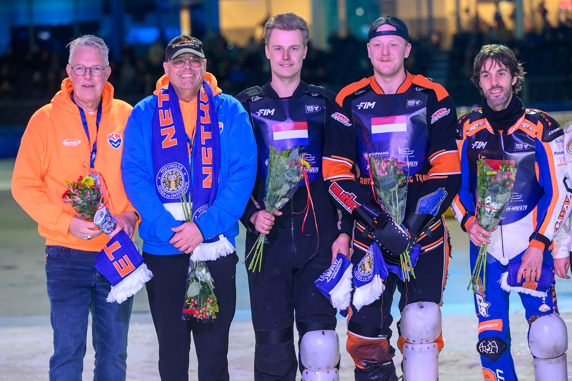 Netherlands: (L to R) Fedde de Boer (KNMV), Jacob Alkema, Team Manager of The Netherlands, Leon Kramer, Sebastian Reitsma, Jasper Iwema during the FIM Ice Speedway Of Nations at Ice Rink Thialf, Heerenveen on Sunday 12th April 2026. (Photo: Ian Charles | MI News)