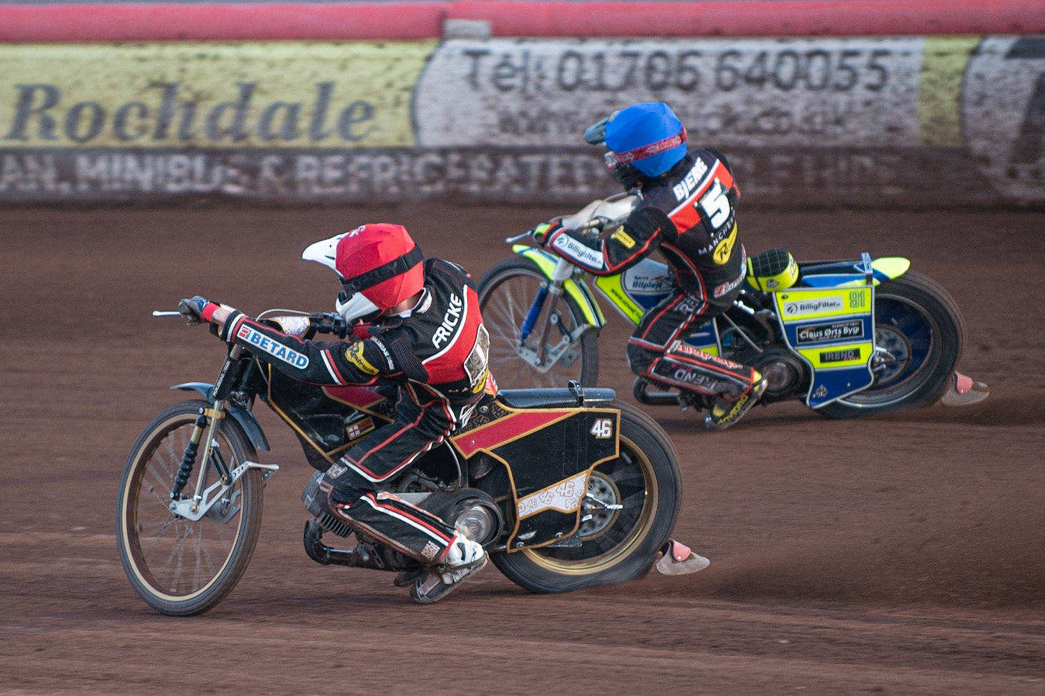 Photo: Ian Charles

Max Fricke  (Red) inside team mate Kenneth Bjerre  (Blue)

Belle Vue Aces v Swindon Robins, British Speedway Premiership, Belle Vue National Speedway Stadium, Manchester, Monday 20  May  2019
