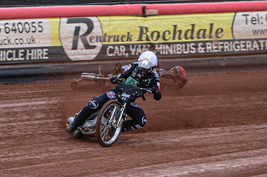 MANCHESTER, UK. APR 15TH  Jack Smith  slides off in the opening heat behind Dan Gilkes  during the National Development League match between Belle Vue Colts and Plymouth Centurions at the National Speedway Stadium, Manchester on Friday 15th April 2022. Credit: Ian Charles | MI News)