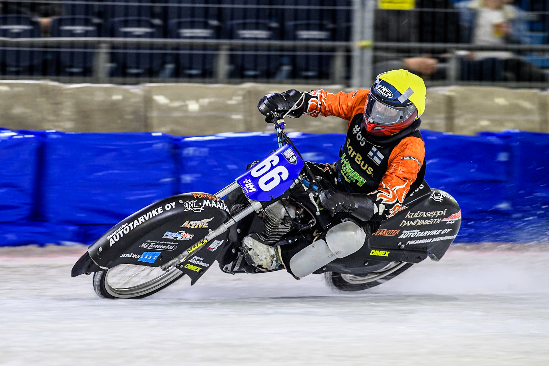Finland's Aki Ala-Riihimäki (66) in action during the FIM Ice Speedway Gladiators World Championship Final 3 at Ice Rink Thialf, Heerenveen on Saturday 6th April 2024. (Photo: Ian Charles | MI News)