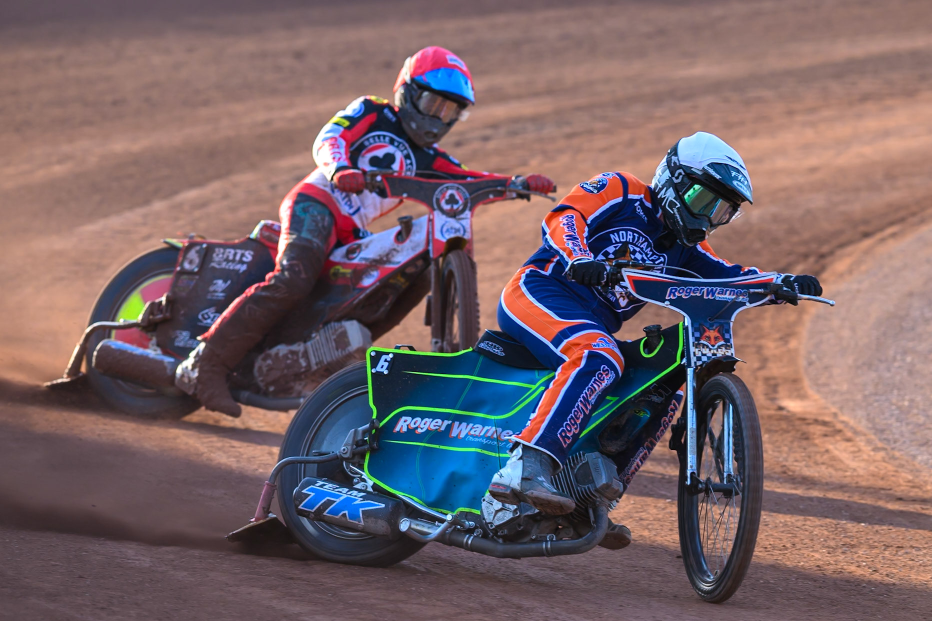 Troy Batchelor of Northampton Foxes  in White leading Tate Zischke of Belle Vue Aces in Red during the Rowe Motor Oil Premiership match between Belle Vue Aces and Northampton Foxes at the National Speedway Stadium, Manchester on Monday 13th July 2026. (Photo: Ian Charles | MI News)