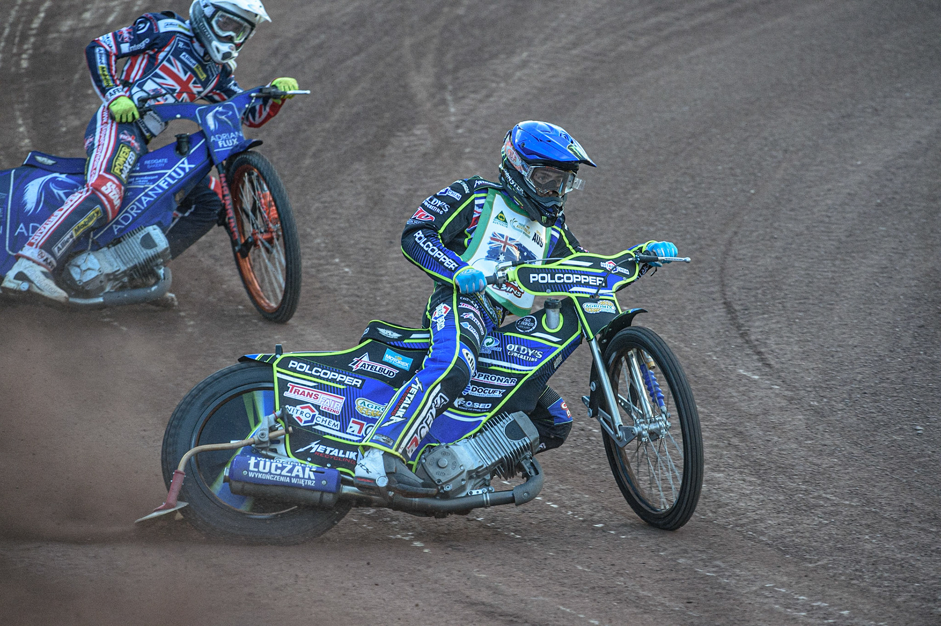 GLASGOW, UK. JUNE 19TH.  Jaimon Lidsey (Australia) (Blue) leads Lewis Kerr (Great Britain)  during the FIM Speedway Grand Prix Qualifying Round at the Peugeot Ashfield Stadium, Glasgow on Saturday 19th June 2021. (Credit: Ian Charles | MI News)