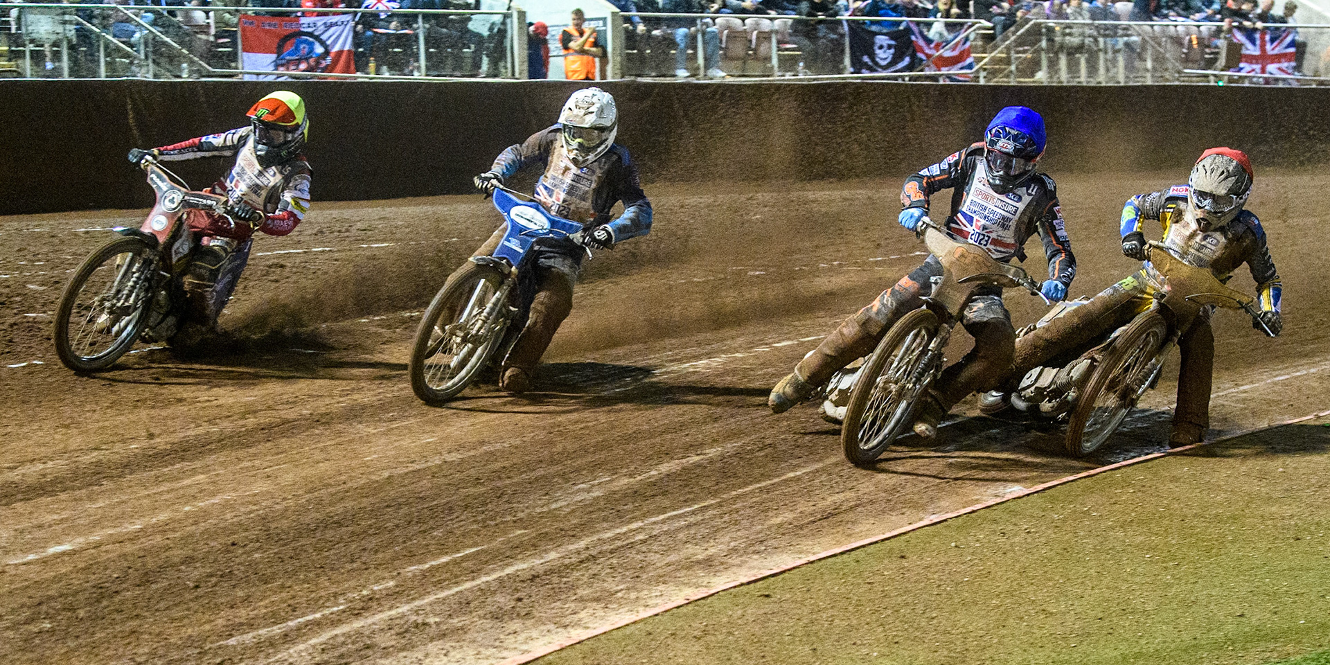The Grand Final: (l - r) Dan Bewley (Yellow), Richard Lawson (White), Steve Worrall (Blue) and Ben Barker (Red) during the Sports Insure British Speedway Final at the National Speedway Stadium, Manchester on Monday 14th August 2023. (Photo: Ian Charles | MI News)