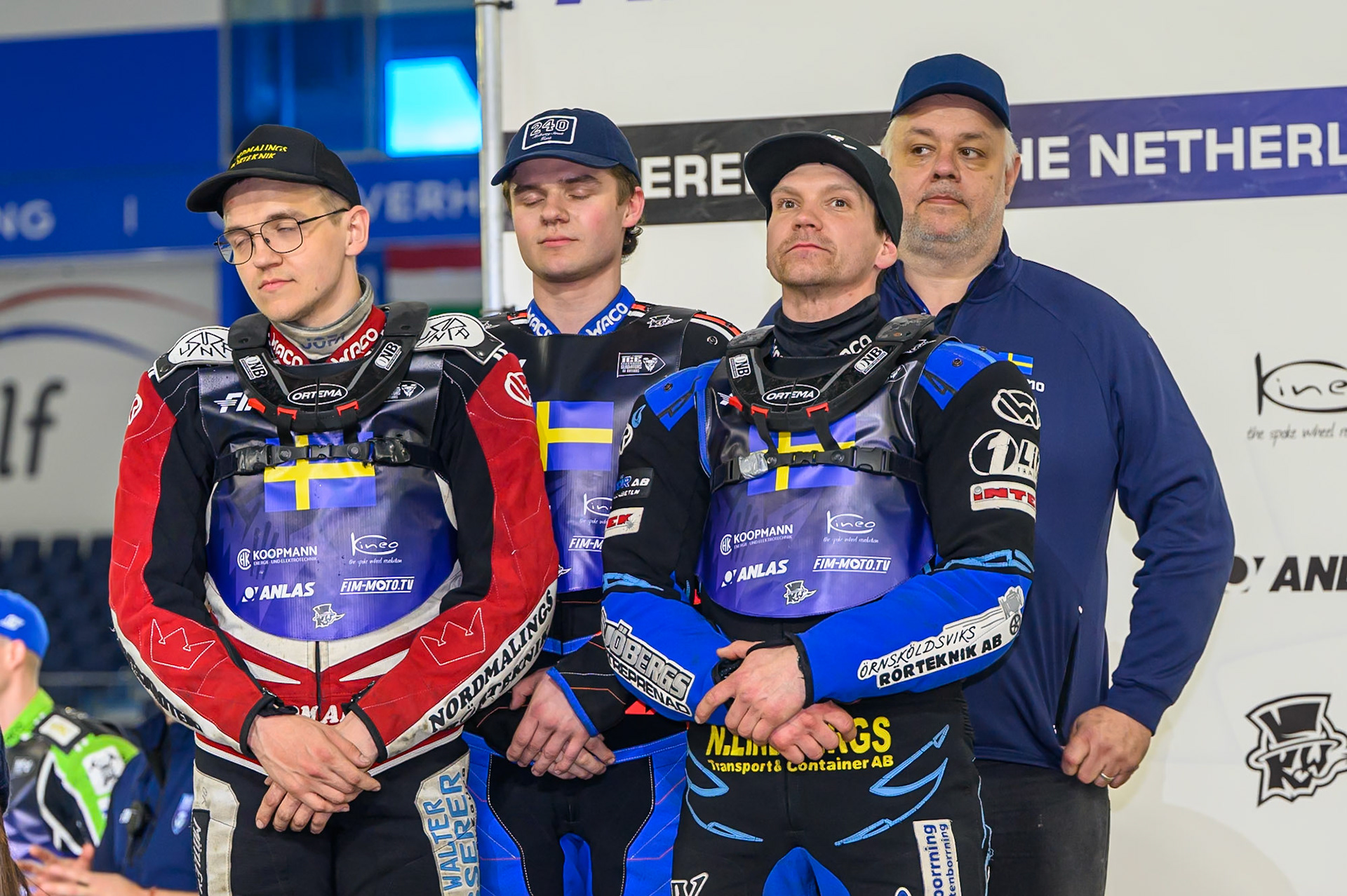 Sweden: Silver Medal: (L to R) Ove Ledstrom, Melwin Björklin, Niclas Svensson and Peter Jansson, Team Manager during the FIM Ice Speedway Of Nations at Ice Rink Thialf, Heerenveen on Sunday 12th April 2026. (Photo: Ian Charles | MI News)