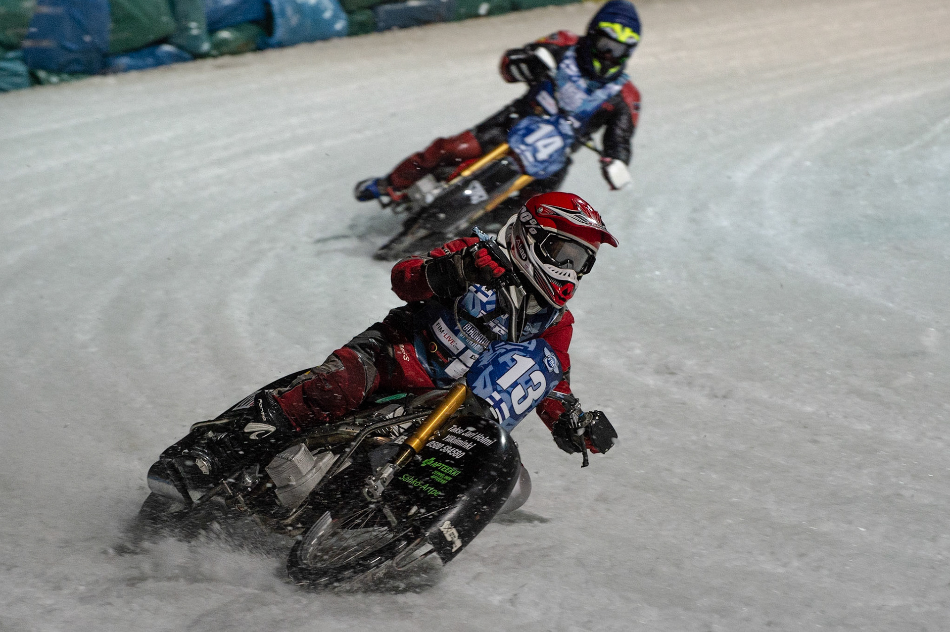 BERLIN GERMANY  - February 29  Matti Isoaho (Red) leads team mate Christer Biskop (Blue) of Finland  during theIce Speedway of Nations (Day 1) at the Horst-Dohm-Eisstadion, Berlin,  on Saturday 29 February 2020. (Credit: Ian Charles | MI News)