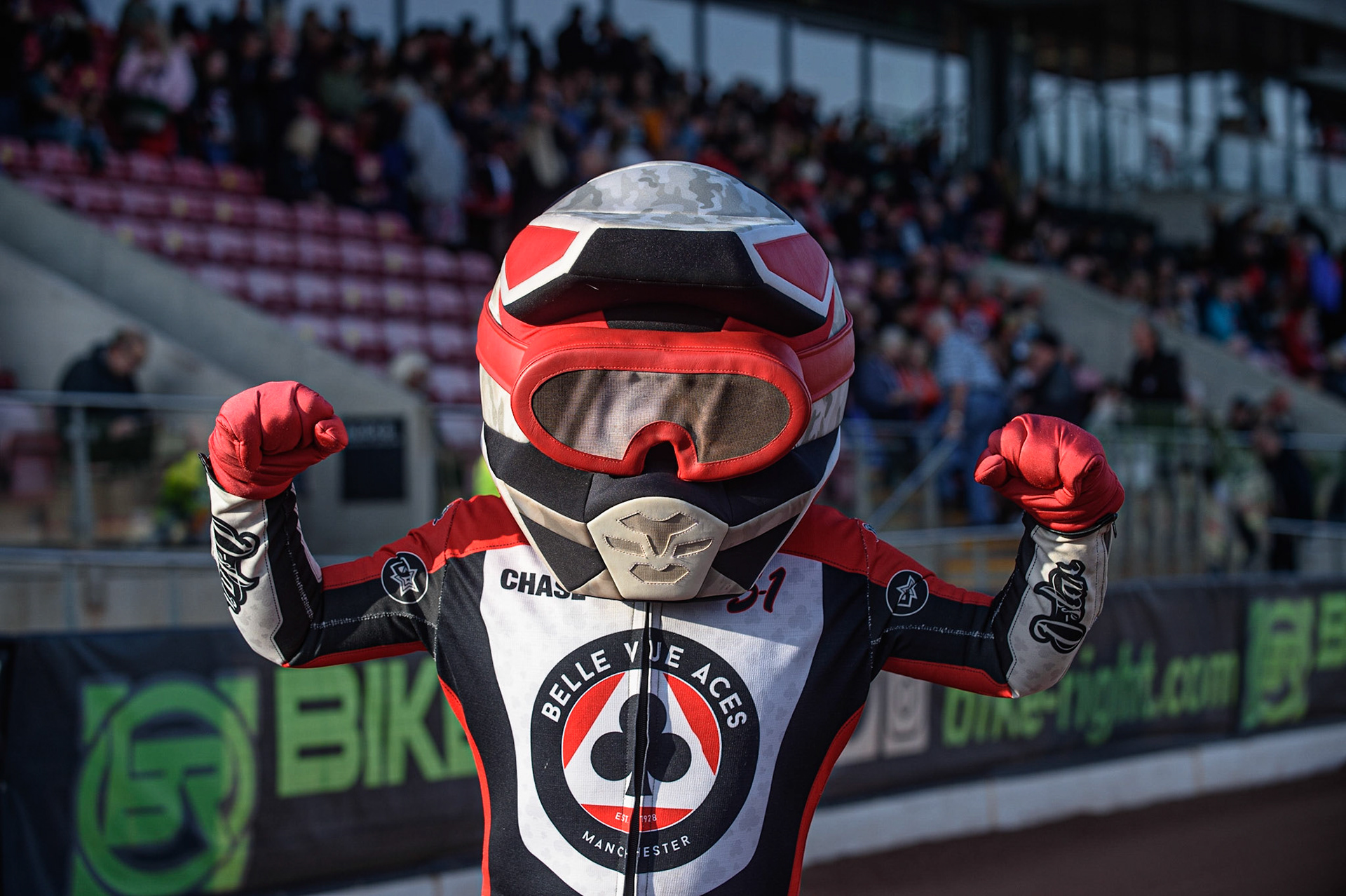 MANCHESTER UKAces mascot ‘Chase The Ace” during the SGB Premiership match between Belle Vue Aces and Ipswich Witches at the National Speedway Stadium, Manchester on Monday 2nd August 2021. (Credit: Ian Charles | MI News)