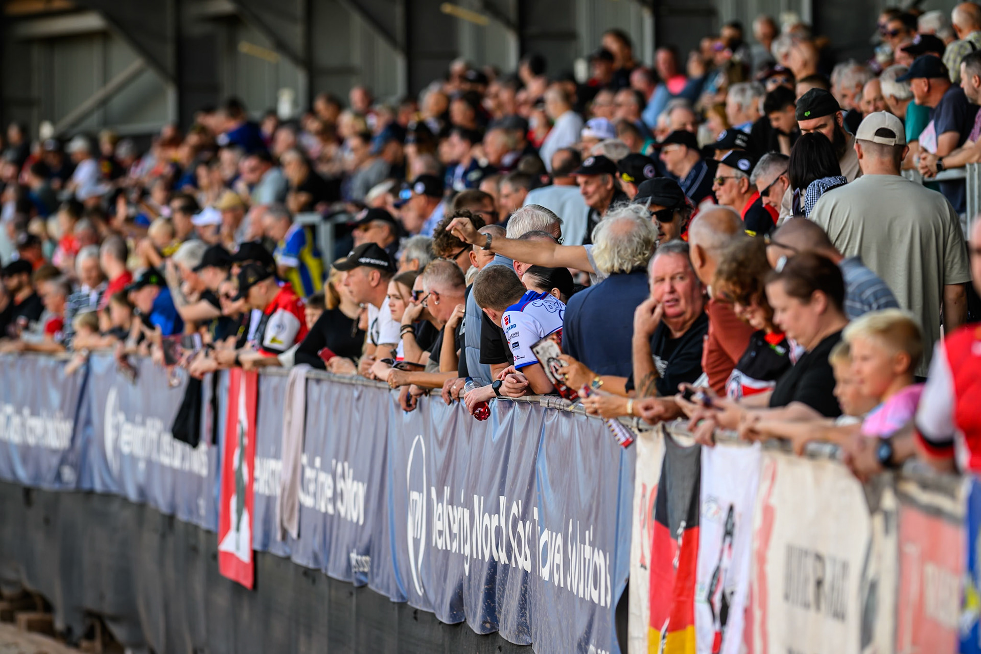 The packed south stand at the National Speedway Stadium during the Rowe Motor Oil Premiership match between Belle Vue Aces and Sheffield Tigers at the National Speedway Stadium, Manchester on Monday 25th August 2025. (Photo: Ian Charles | MI News)