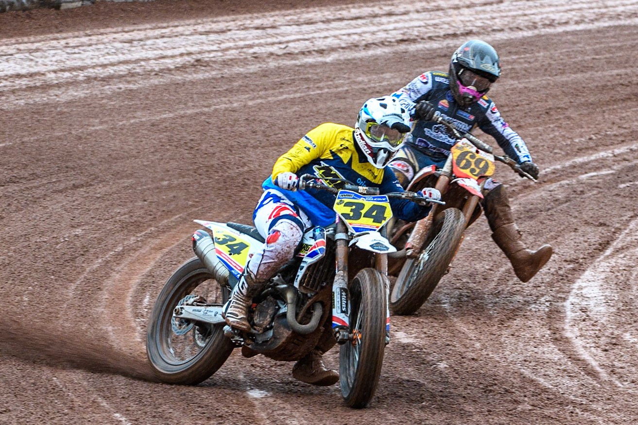 Ervin Krajčovič (34) from Czech Rep. leads Sammy Halbert (69) from USA during the FIM World Flat Track Championship Round 1 at the National Speedway Stadium, Manchester on Saturday 5th August 2023. (Photo: Ian Charles | MI News)