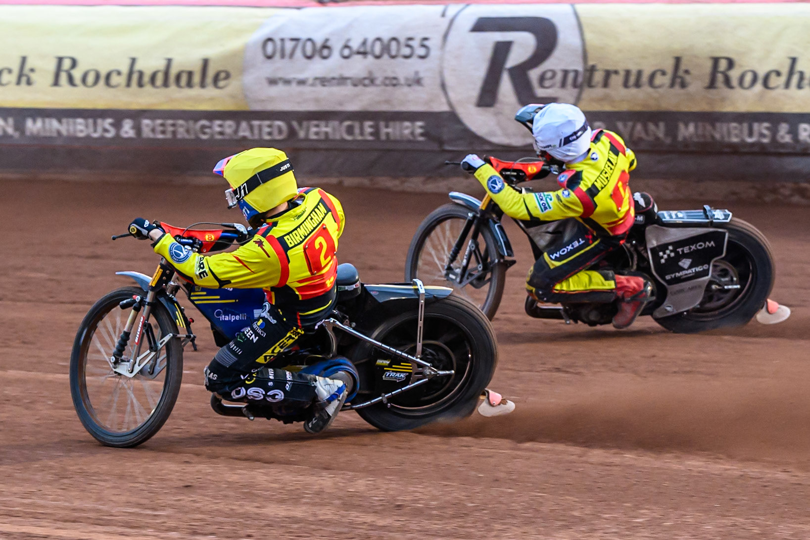 Birmingham Brummies' Paco Castagna  in Yellow rides inside Birmingham Brummies' Tobias Musielak  in White during the Rowe Motor Oil Premiership match between Belle Vue Aces and Birmingham Brummies at the National Speedway Stadium, Manchester on Monday 7th July 2025. (Photo: Ian Charles | MI News)
