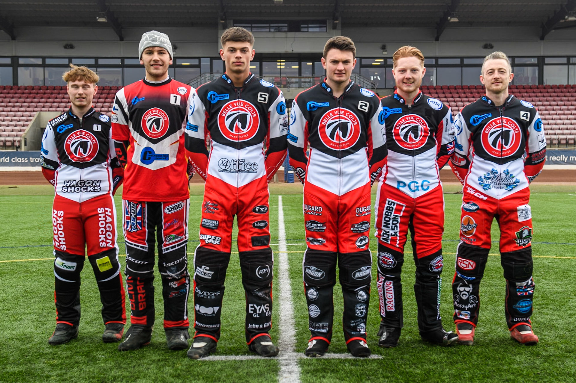 Belle Vue Colts' 2024: (l-r) Sam Hagon, Harry McGurk, Freddy Hodder, Chad Wirtzfeld, Jack Shimelt, Luke Muff   during the Belle Vue Aces Media Day at the National Speedway Stadium, Manchester on Monday 11th March 2024. (Photo: Ian Charles | MI News)