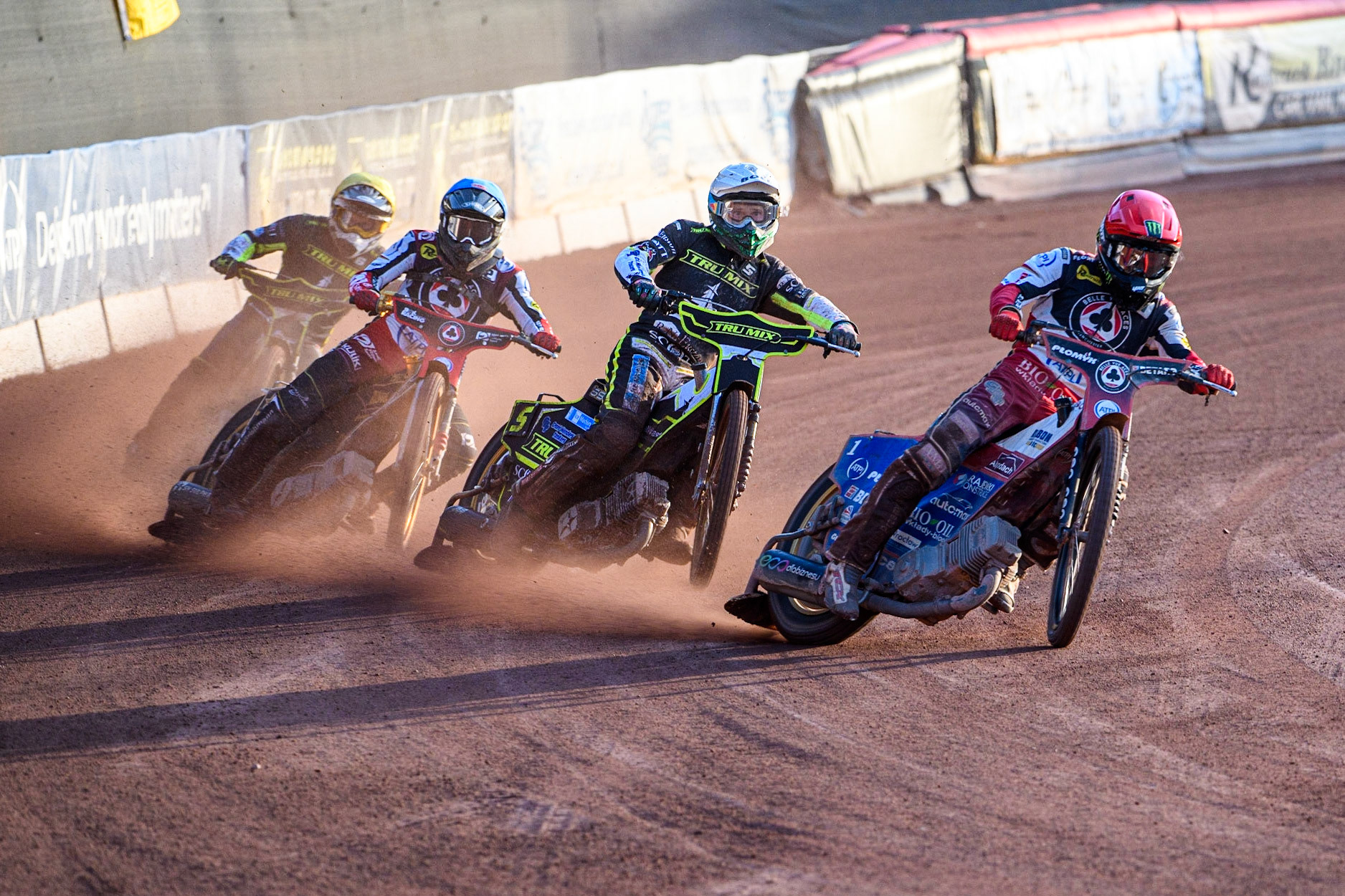 Dan Bewley (Red) leads Jason Doyle (White), Norick Blodorn (Blue) and Danyon Hume (Yellow) during the Sports Insure Premiership match between Belle Vue Aces and Ipswich Witches at the National Speedway Stadium, Manchester on Monday 17th July 2023. (Photo: Ian Charles | MI News)