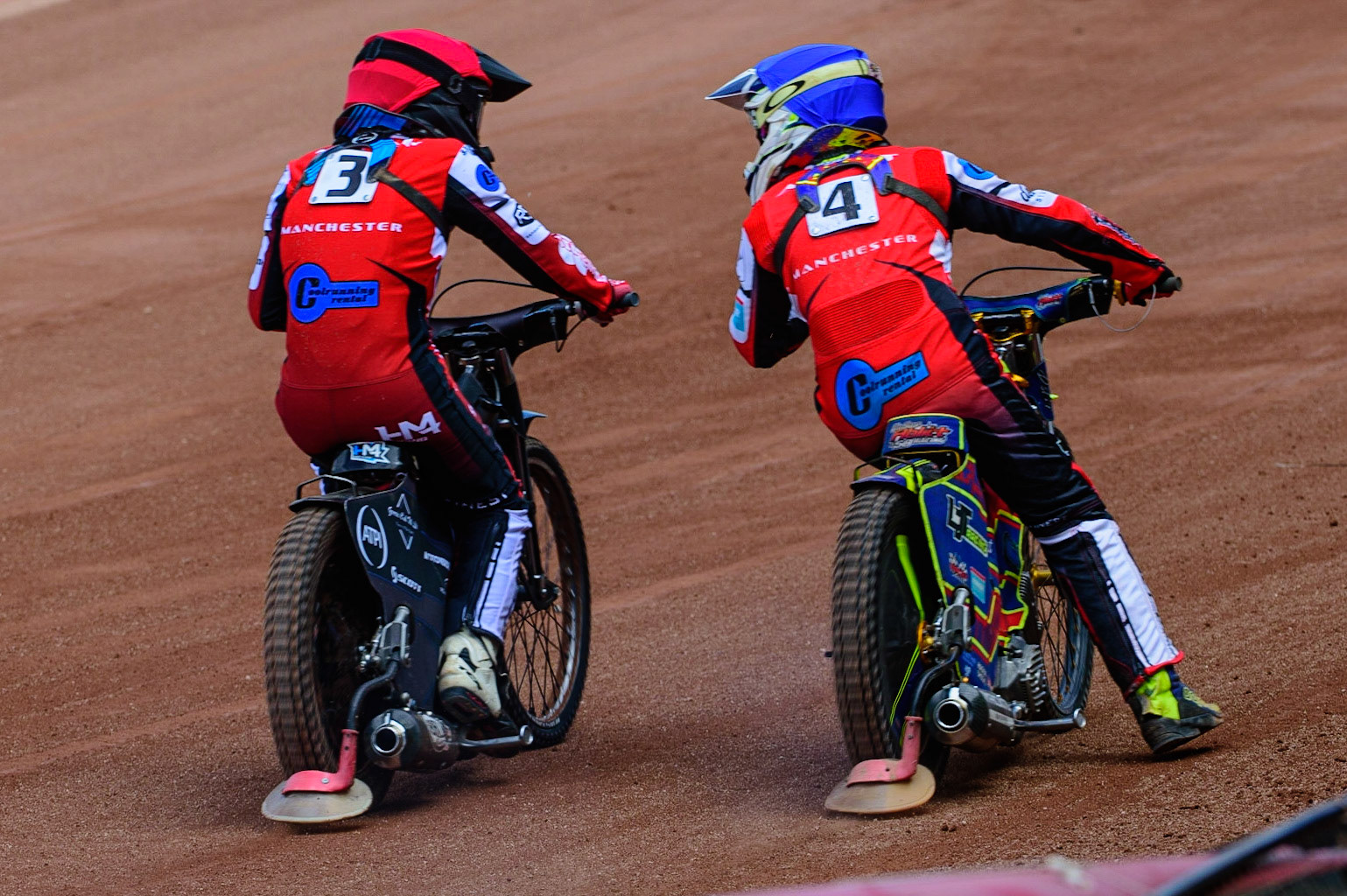 MANCHESTER, UK.  JUN 3RD Harry McGurk  (Red) and Nathan Ablitt  celebrate their win  during the National Development League match between Belle Vue Colts and Oxford Chargers at the National Speedway Stadium, Manchester on Friday 3rd June 2022. (Credit: Ian Charles | MI News)