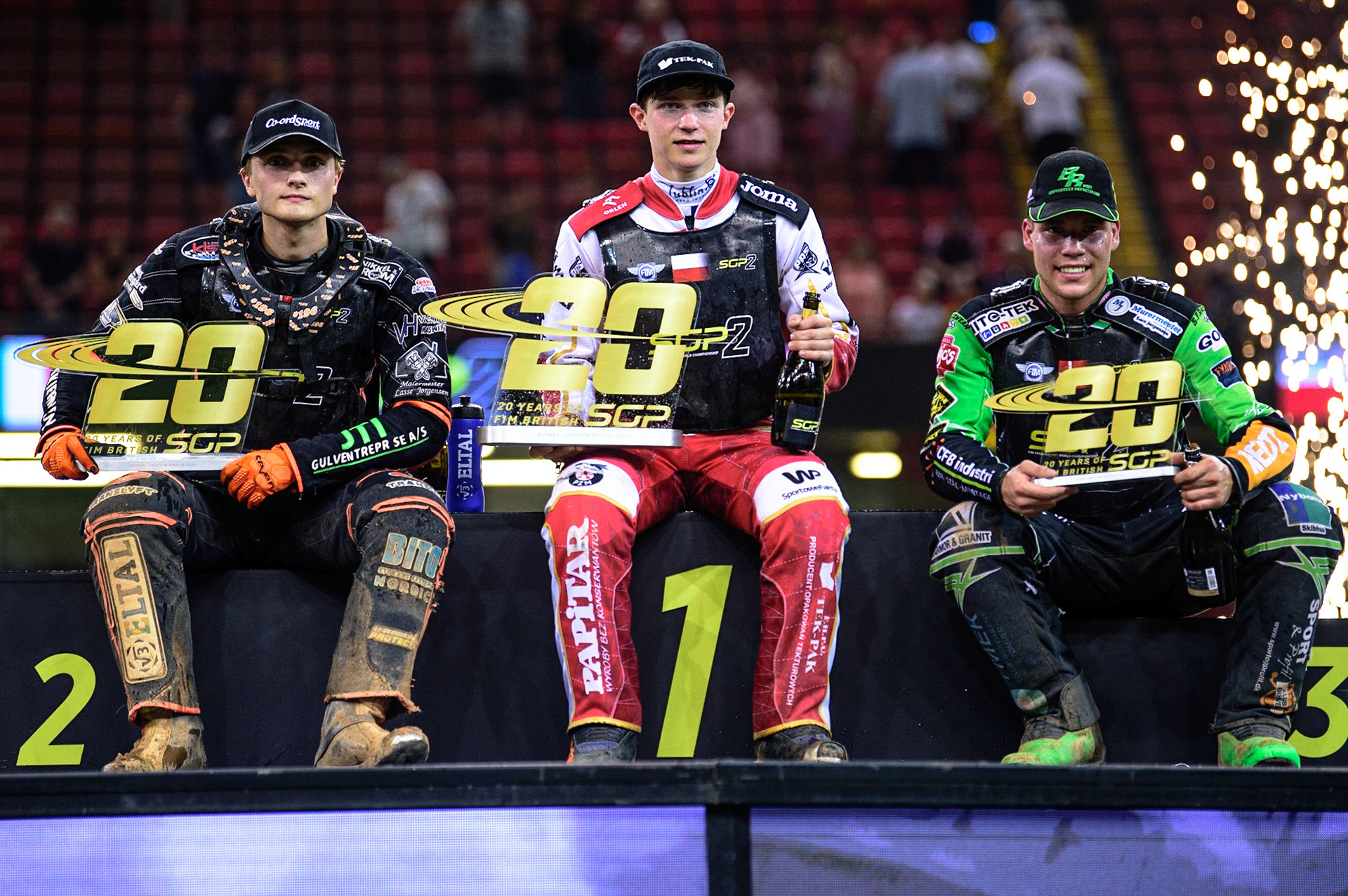 Top 3: (l - r) Kevin Juhl Pedersen (Denmark)   (2nd), Mateusz Cierniak (Poland)  (1st)Benjamin Basso (Denmark)  (3rd) during the FIM  Speedway Grand Prix  2 of Great Britain at the Principality Stadium, Cardiff on Sunday 14th August 2022. (Credit: Ian Charles | MI News)