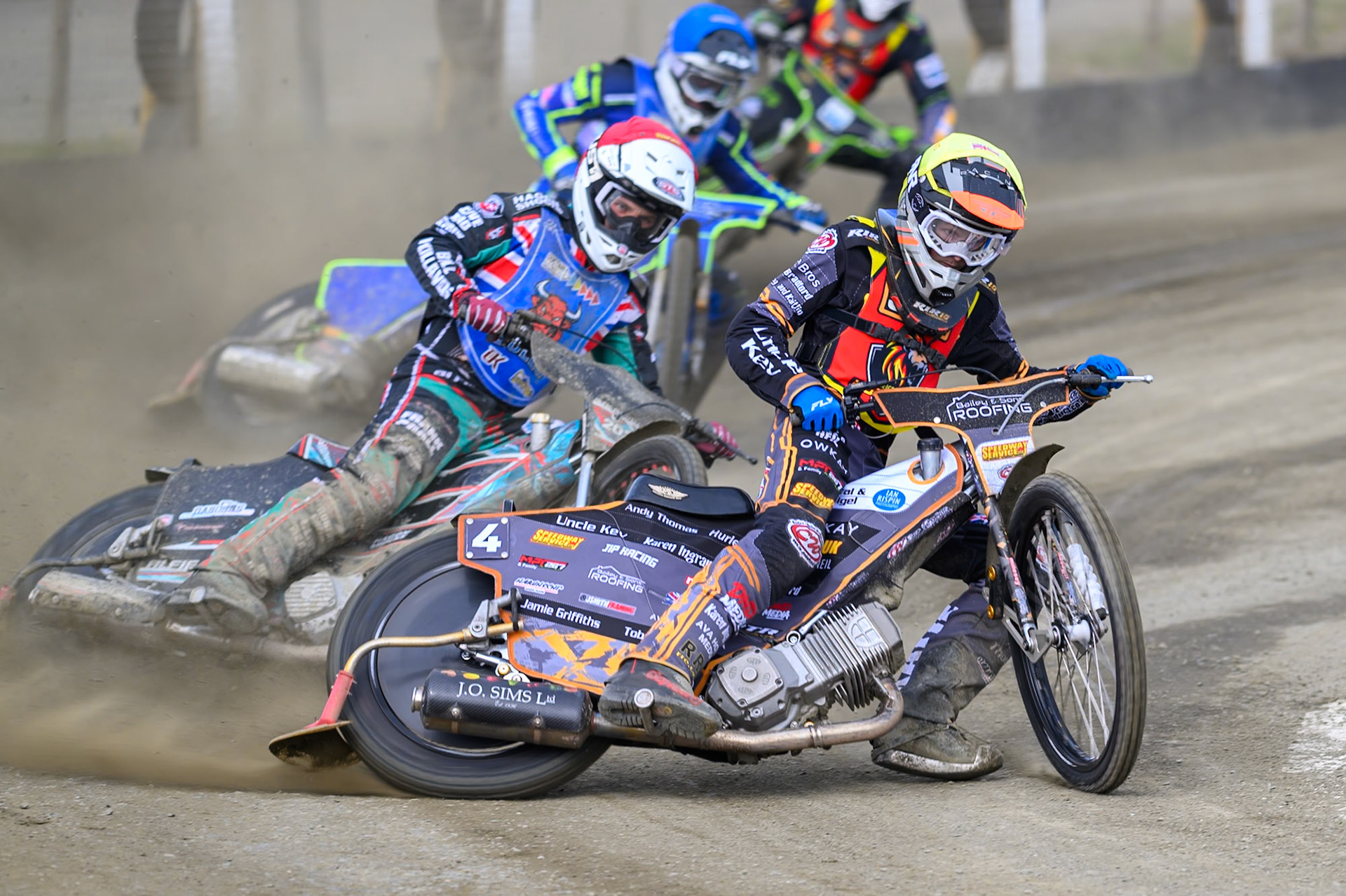 Ryan Ingram of Leicester Lion Cubs  in Yellow leading Alfie Bowtell of Buxton Bulls  in Red and Arran Butcher of Buxton Bulls  in Blue during the Challenge match between Buxton Bulls and Leicester Lion Cubs at Hi-Edge Speedway, Buxton on Sunday 26th April 2026. (Photo: Ian Charles | MI News)