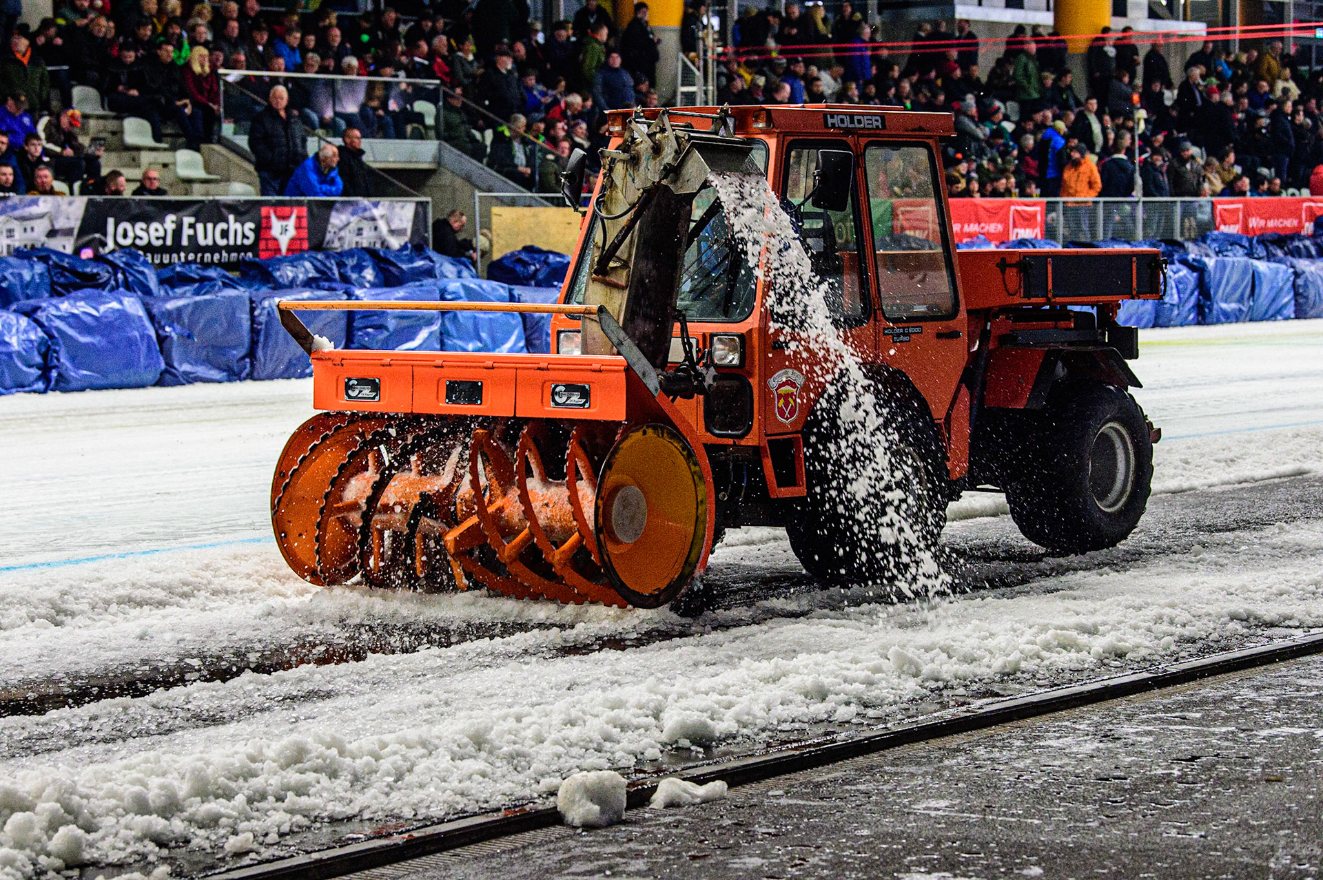 Clearing the snow off the track’s inside line during the Ice Speedway Gladiators World Championship Final 1 at Max-Aicher-Arena, Inzell, Germany on Saturday 18th March 2023. (Photo: Ian Charles | MI News)