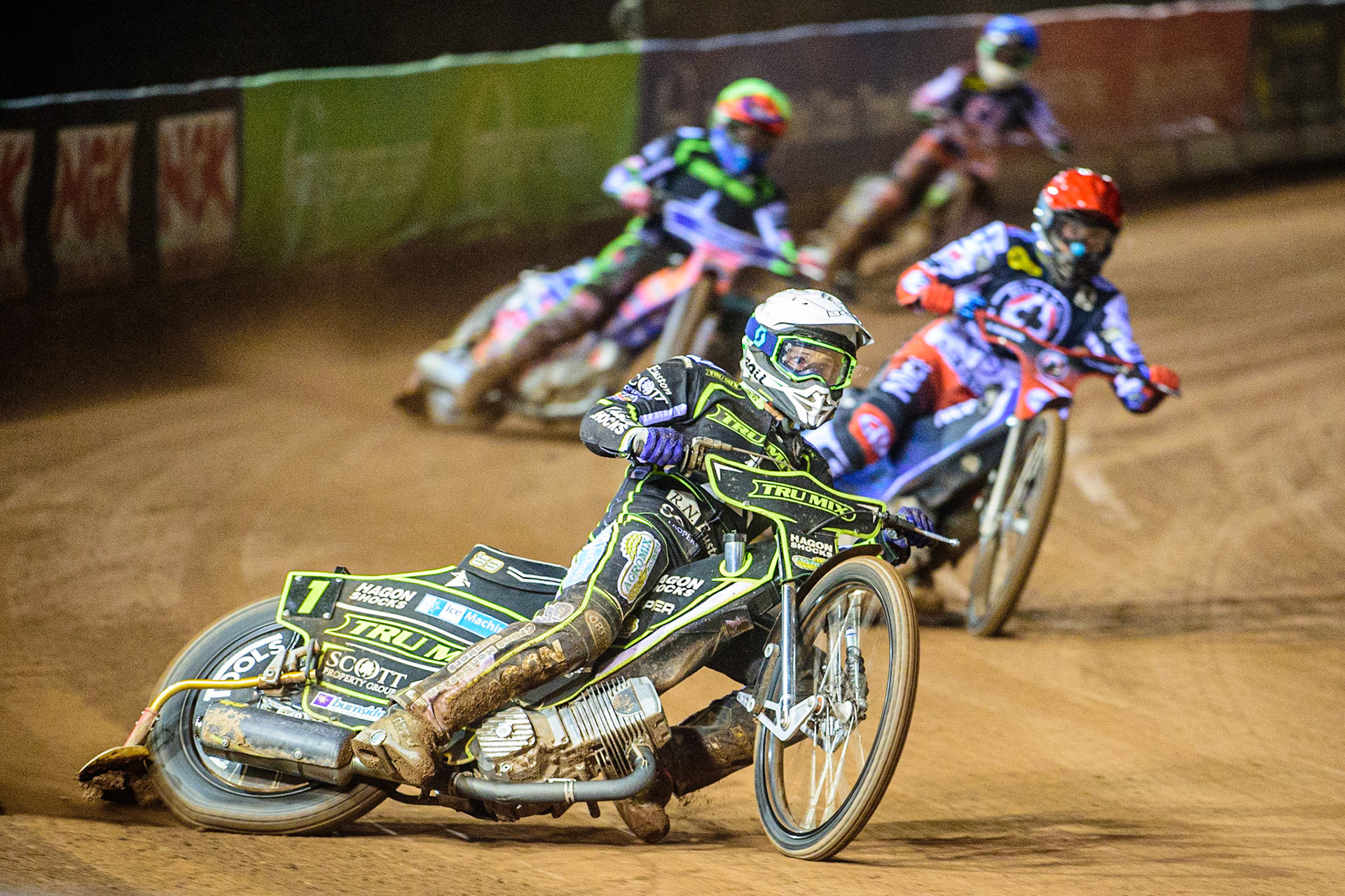 Jason Doyle  (White) leads Matej Zagar  (Red), Aaron Summers (Yellow) and Charles Wright  (Blue)during the SGB Premiership Semi Final 2nd Leg between Belle Vue Aces and Ipswich Witches at the National Speedway Stadium, Manchester on Monday 3rd October 2022. (Credit: Ian Charles | MI News)