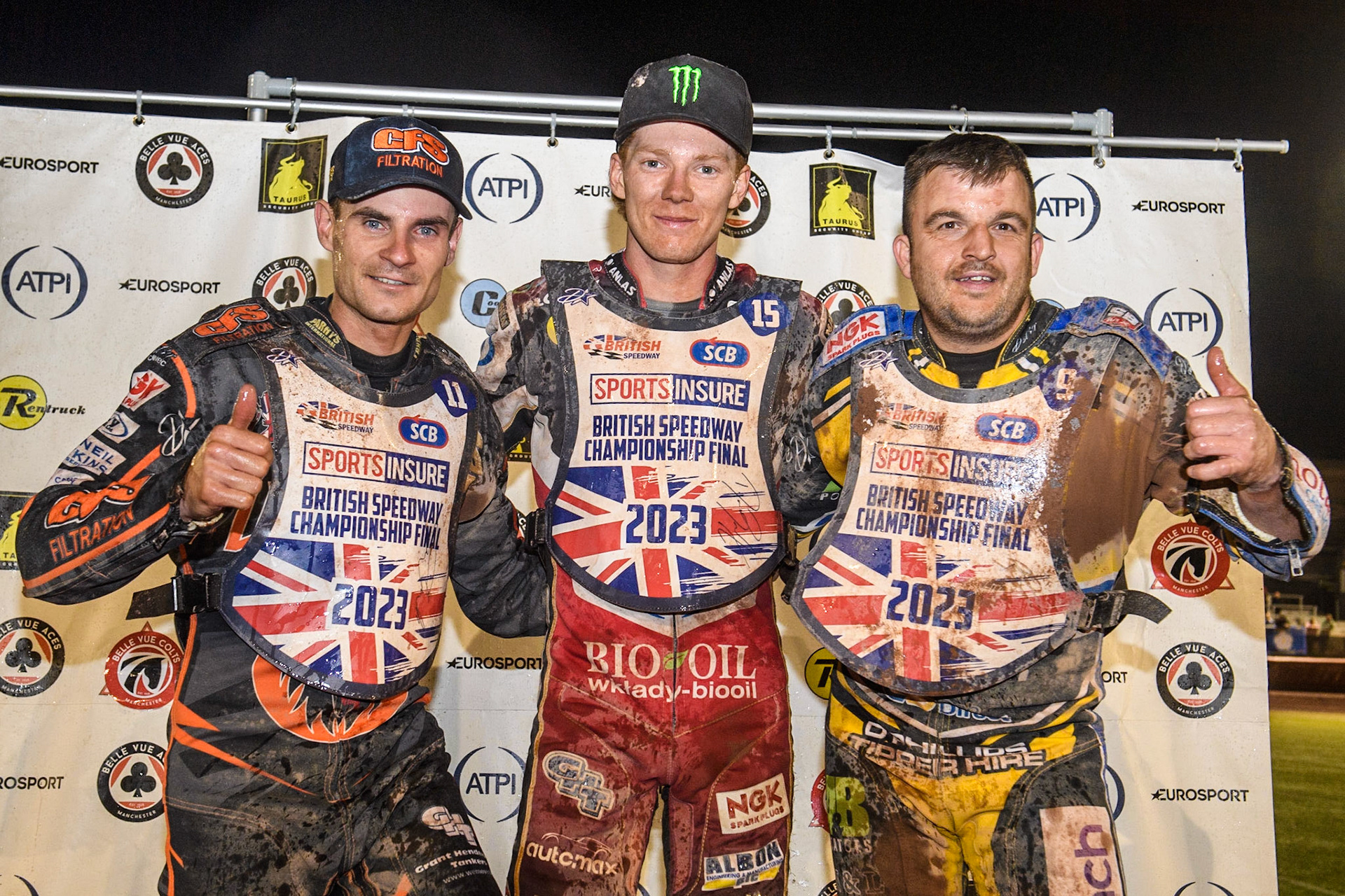 Top3: (l - r) Steve Worrall (2nd), Dan Bewley (Winner), Ben Barker (3rd) during the Sports Insure British Speedway Final at the National Speedway Stadium, Manchester on Monday 14th August 2023. (Photo: Ian Charles | MI News)